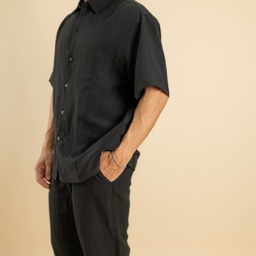 Coordinato camicione e pantalaccio misto lino - Nero