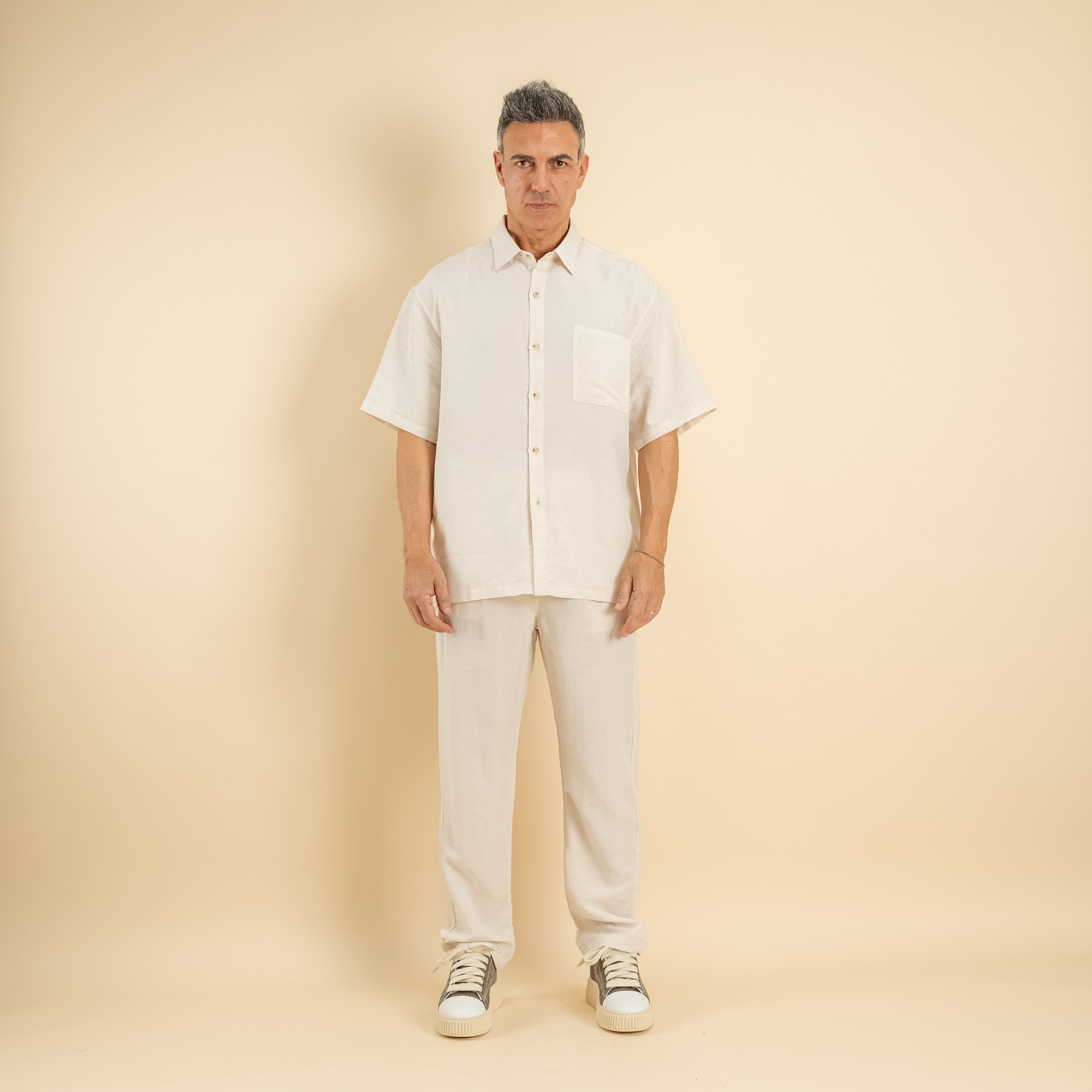 Coordinato camicione e pantalaccio misto lino - Bianco