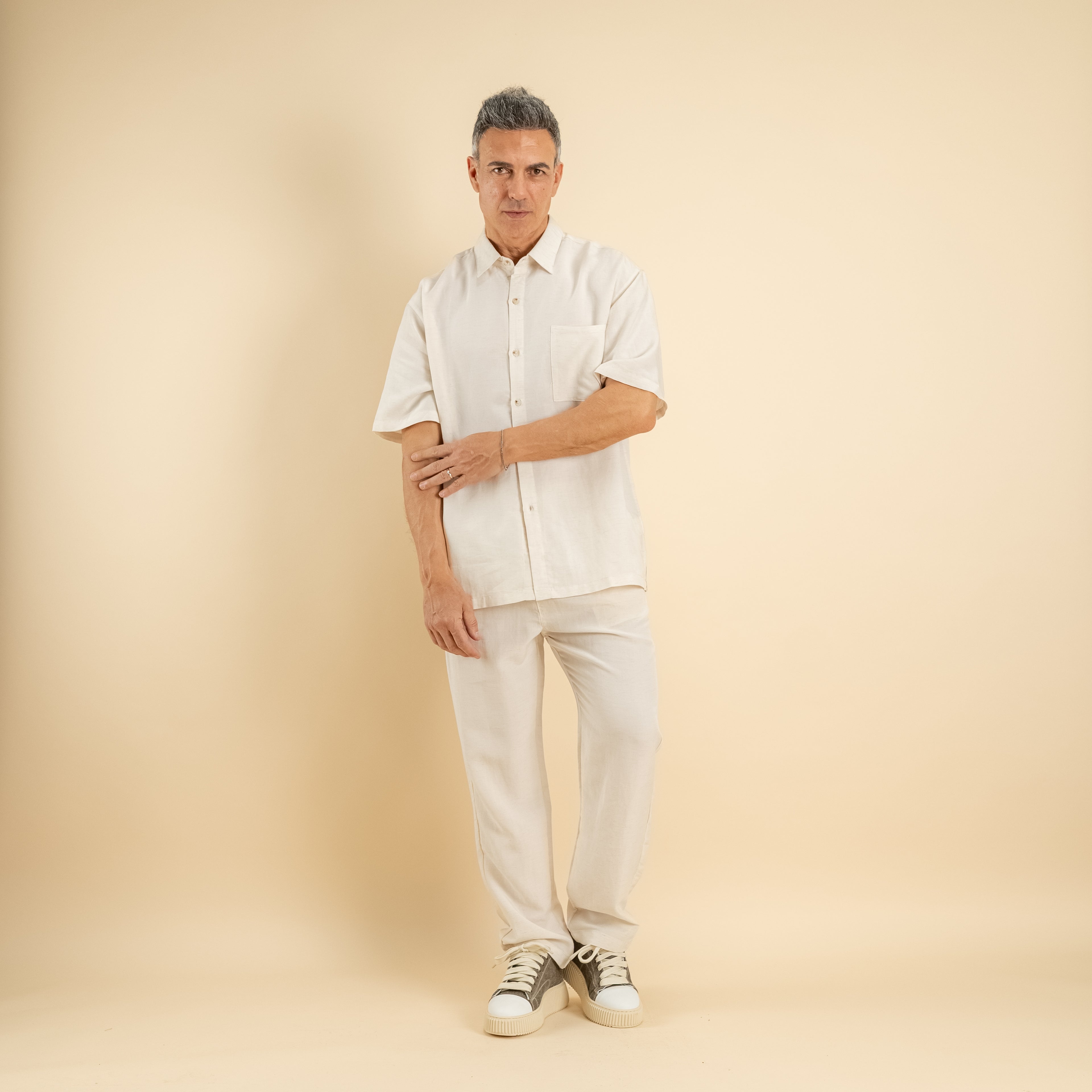 Coordinato camicione e pantalaccio misto lino - Bianco