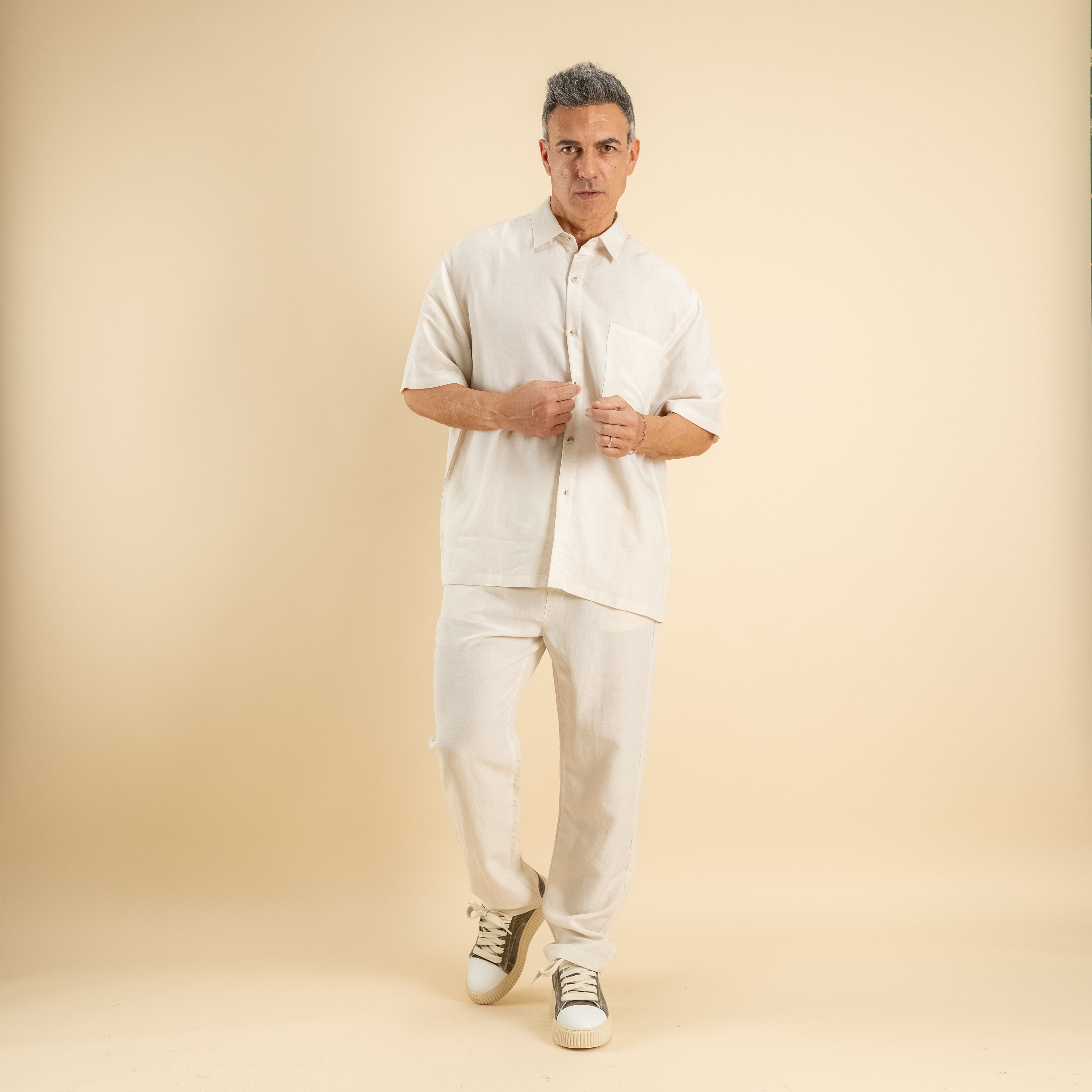 Coordinato camicione e pantalaccio misto lino - Bianco