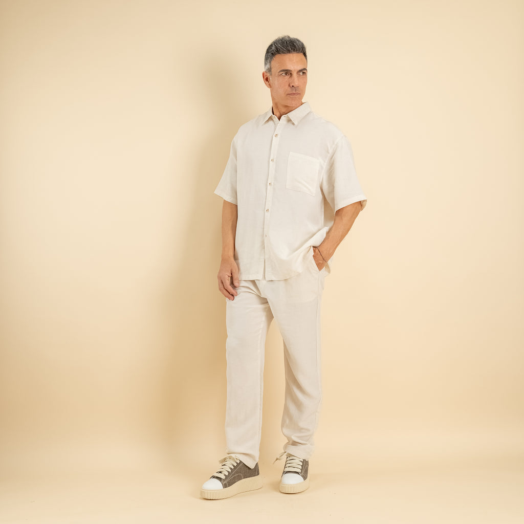 Coordinato camicione e pantalaccio misto lino - Bianco