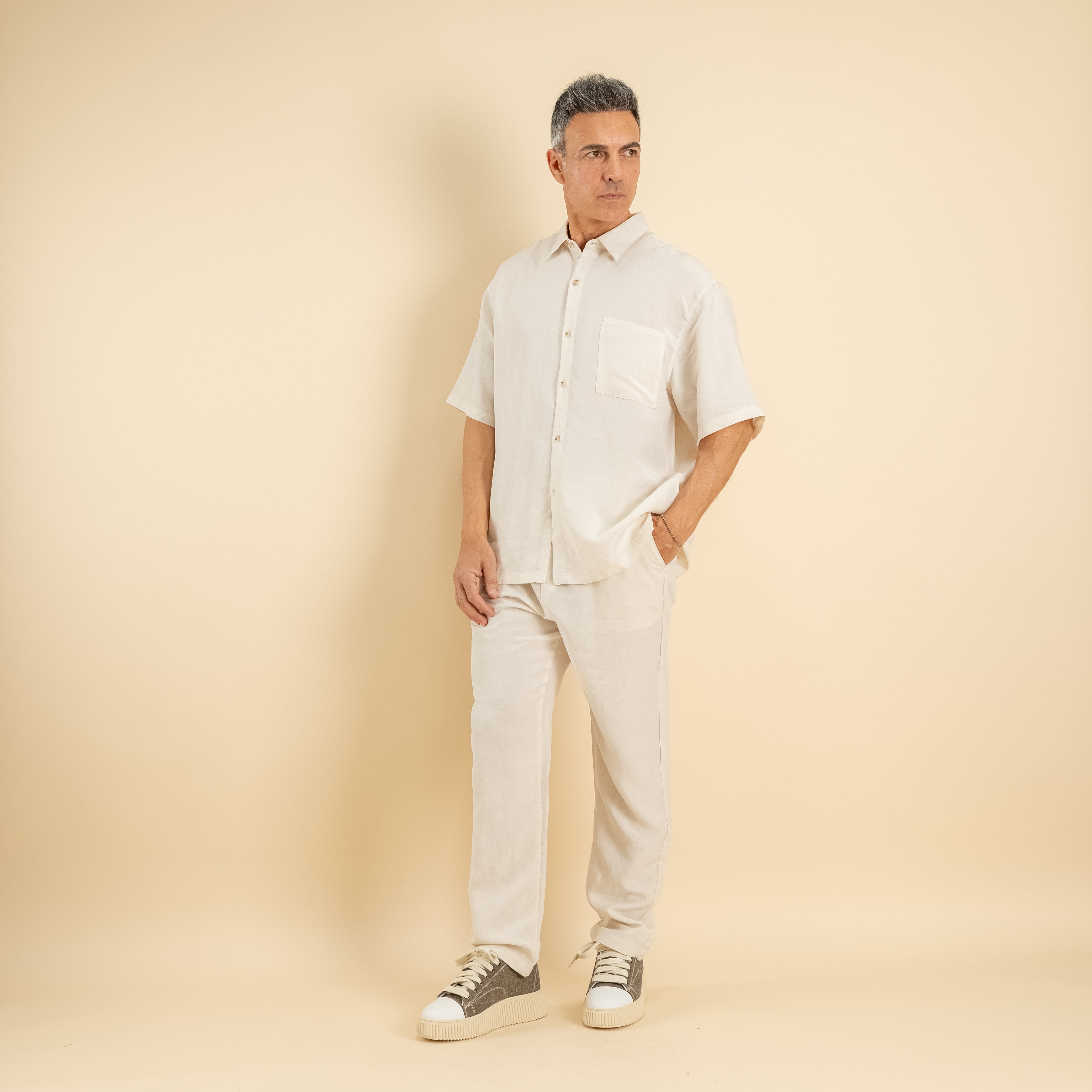 Coordinato camicione e pantalaccio misto lino - Bianco
