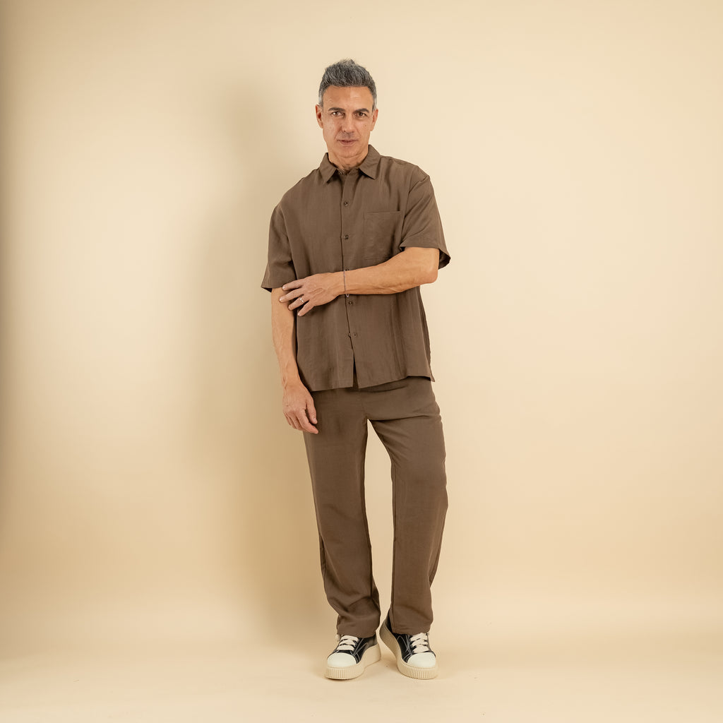 Coordinato camicione e pantalaccio misto lino - Marrone