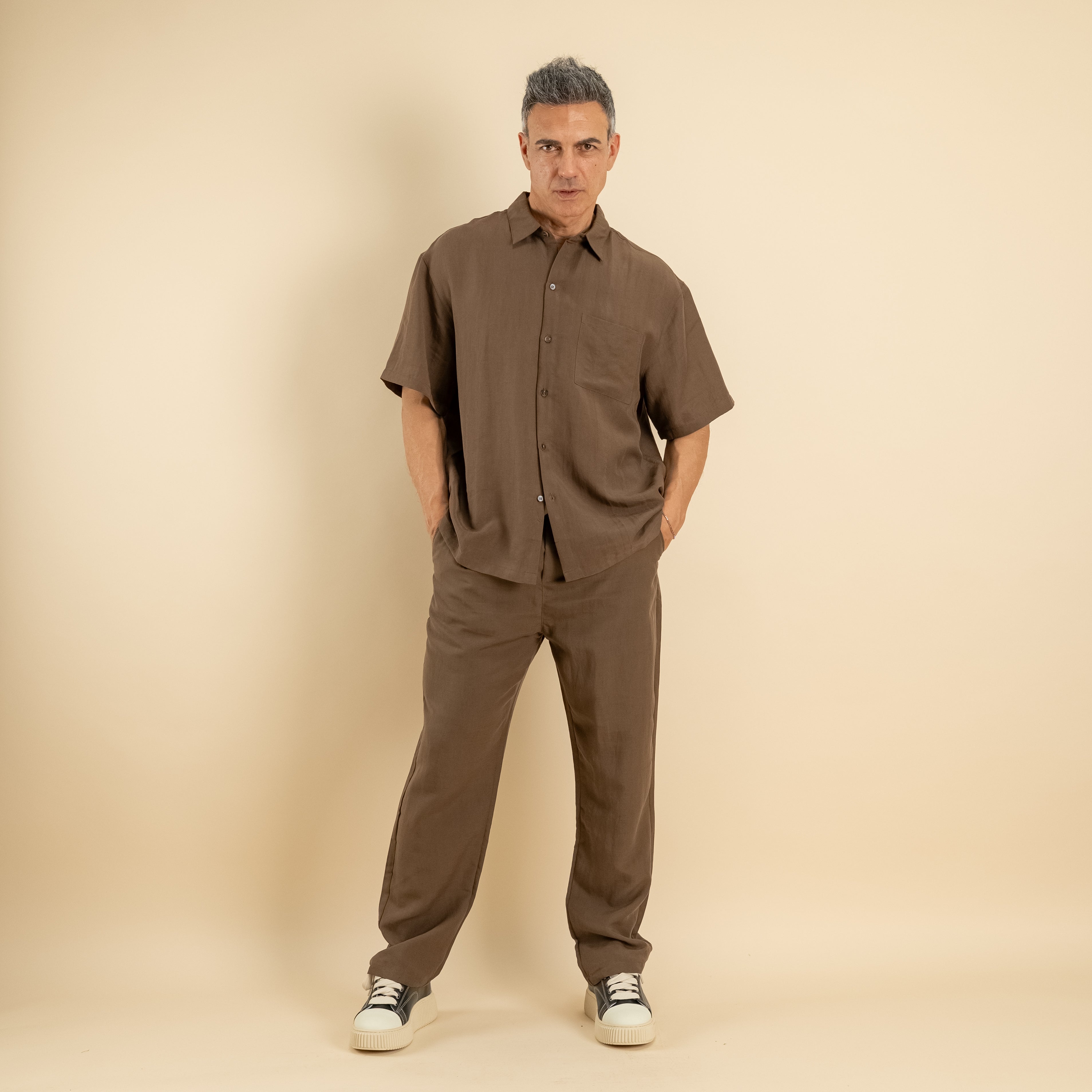 Coordinato camicione e pantalaccio misto lino - Marrone