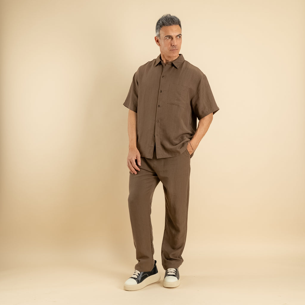Coordinato camicione e pantalaccio misto lino - Marrone