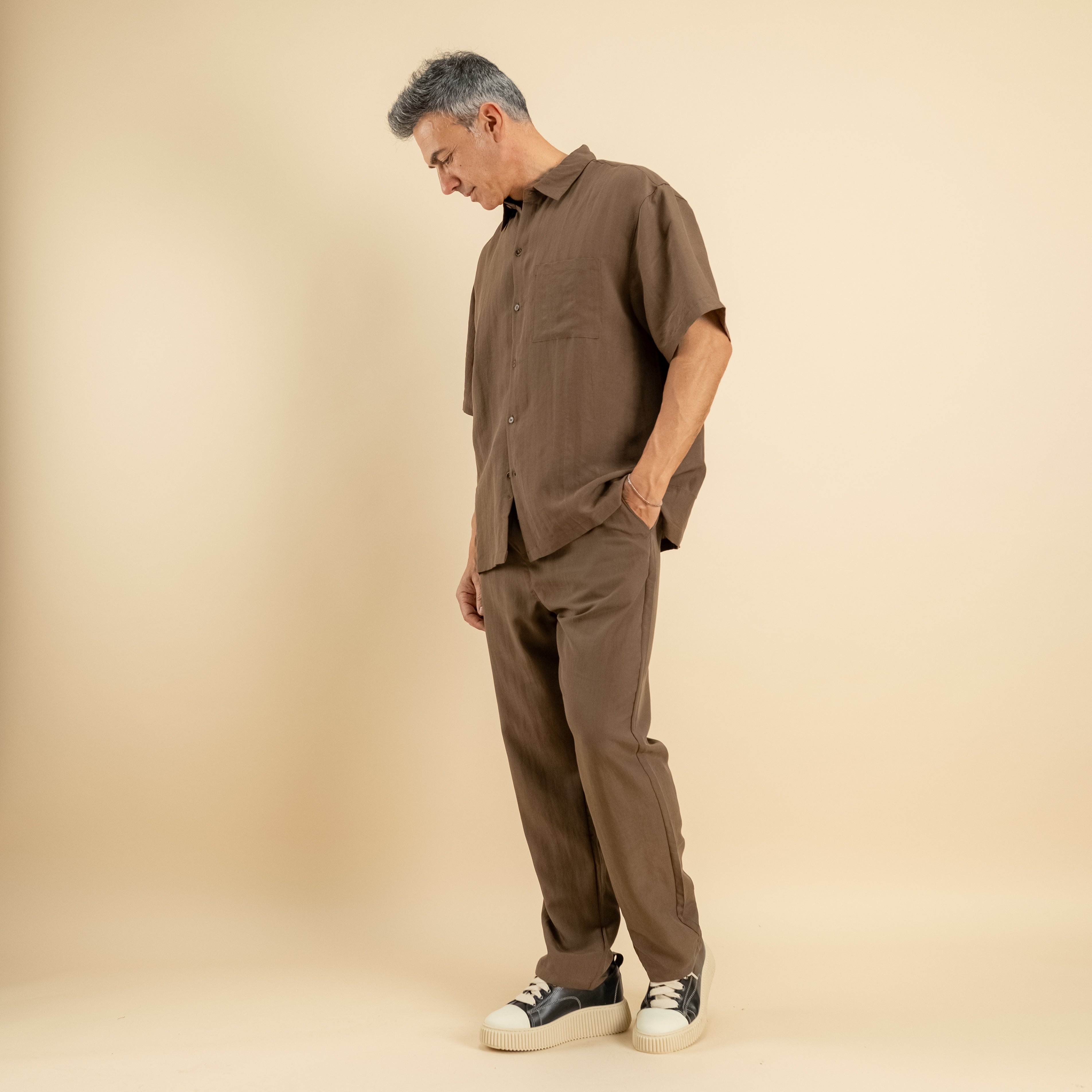 Coordinato camicione e pantalaccio misto lino - Marrone
