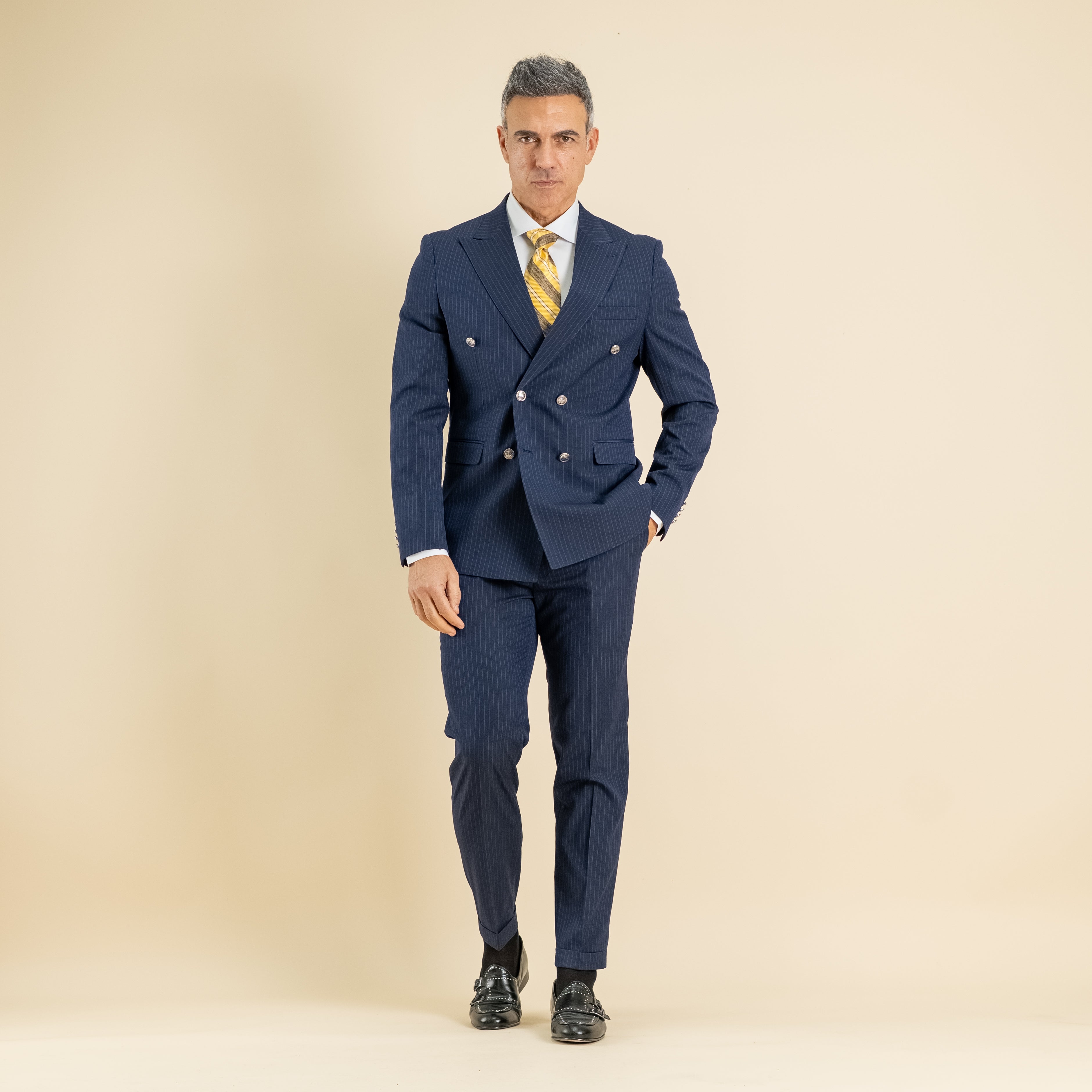 Traje de raya diplomática con botones plateados - Azul marino (azul real)