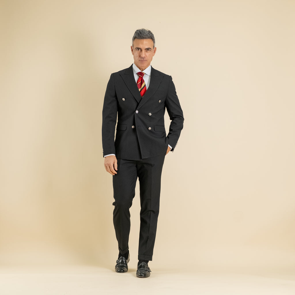 Abito gessato con bottoni argento - Nero