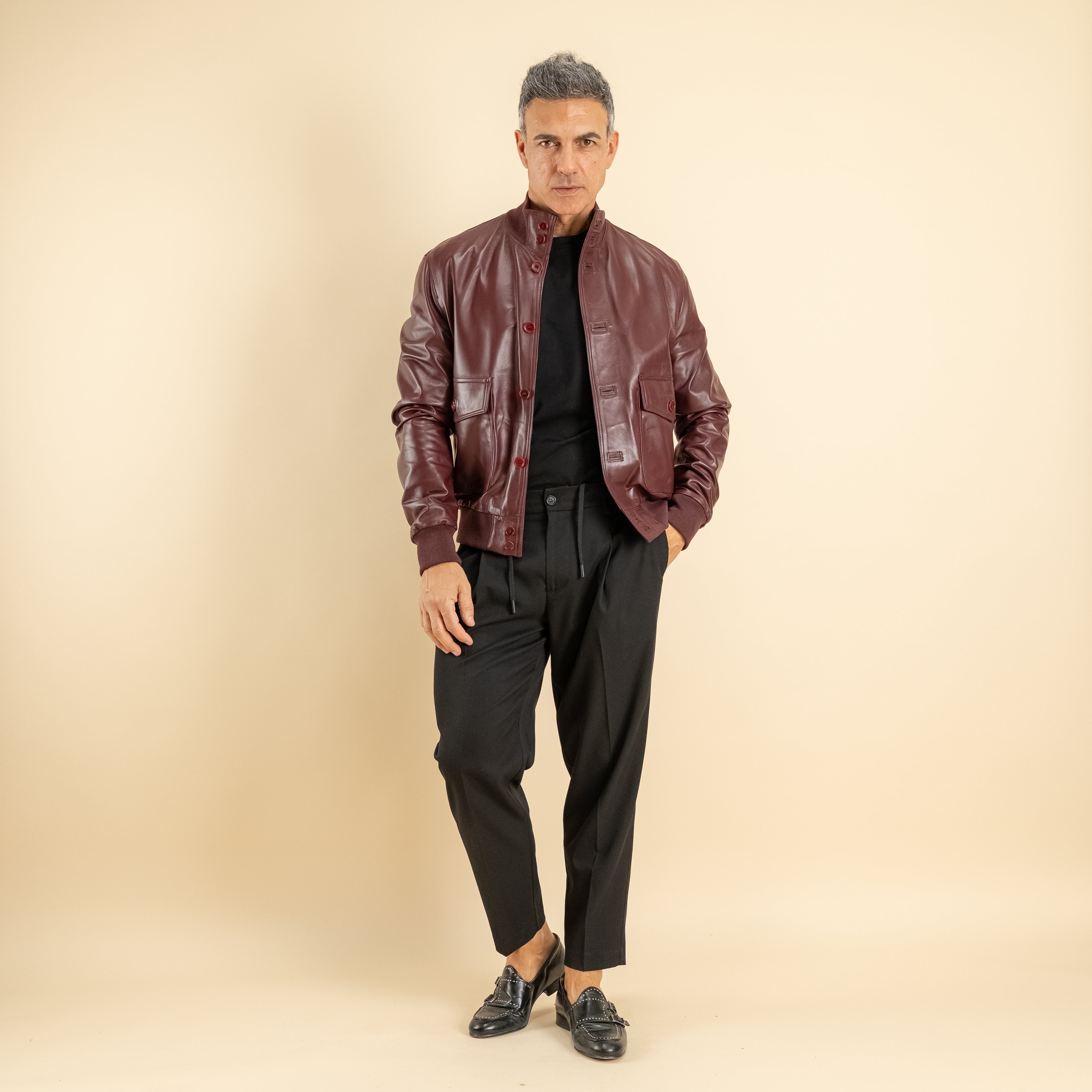 Bomber con bottoni in Vera Pelle -  Bordeaux