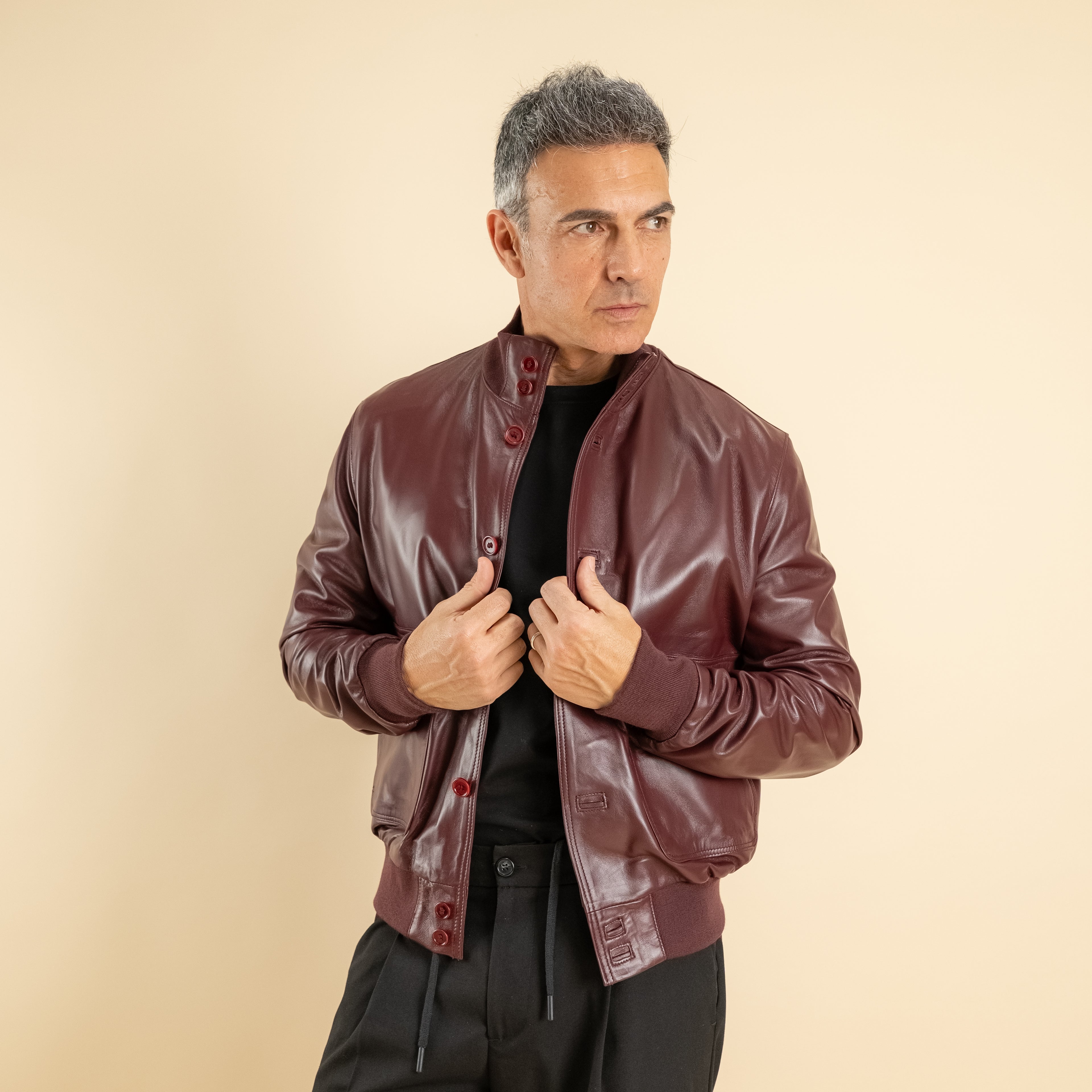 Bomber con bottoni in Vera Pelle -  Bordeaux