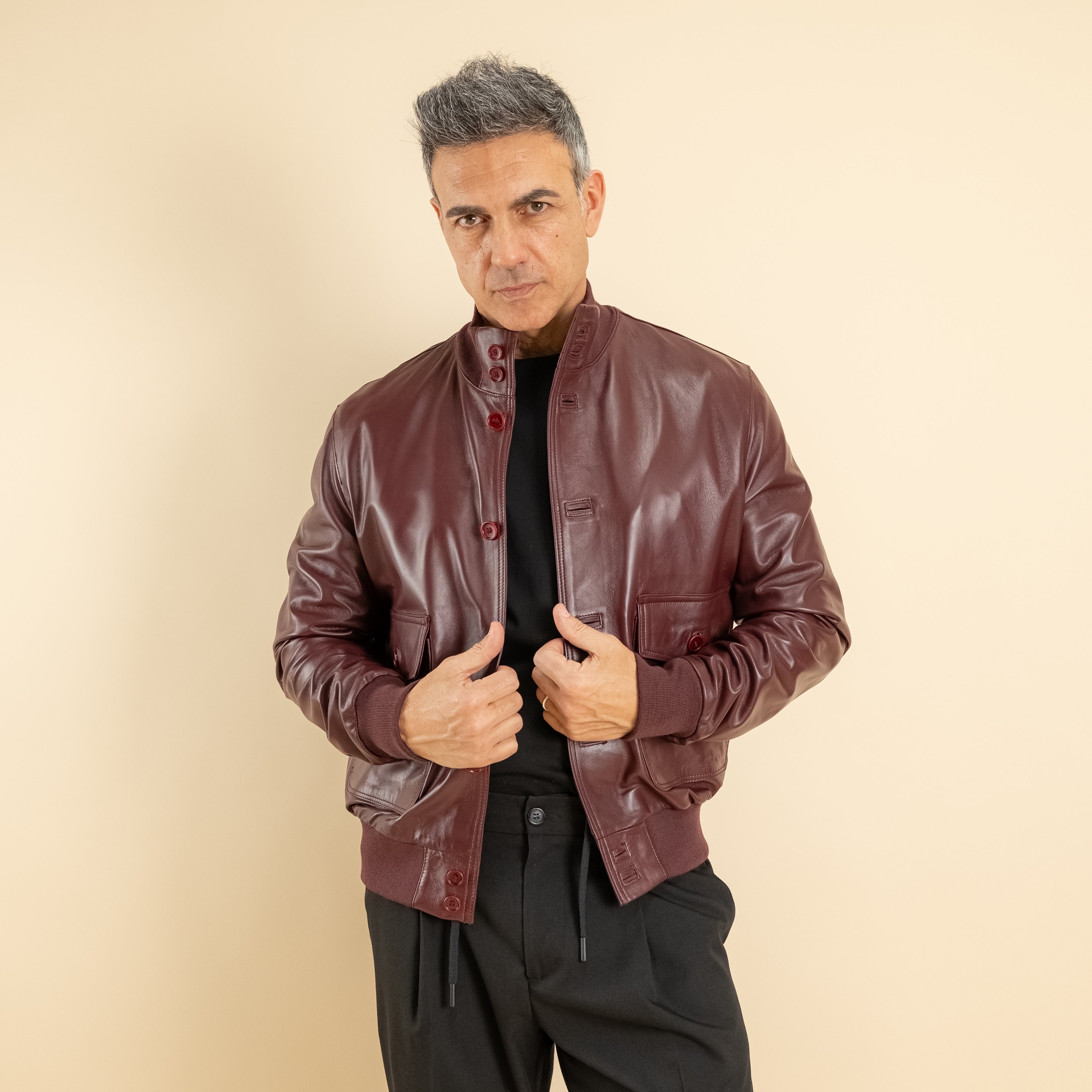 Bomber con bottoni in Vera Pelle -  Bordeaux