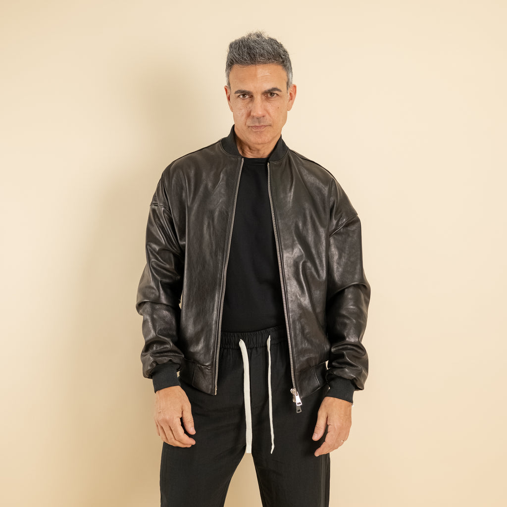 Bomber oversize in Vera Pelle vegetale - Nero