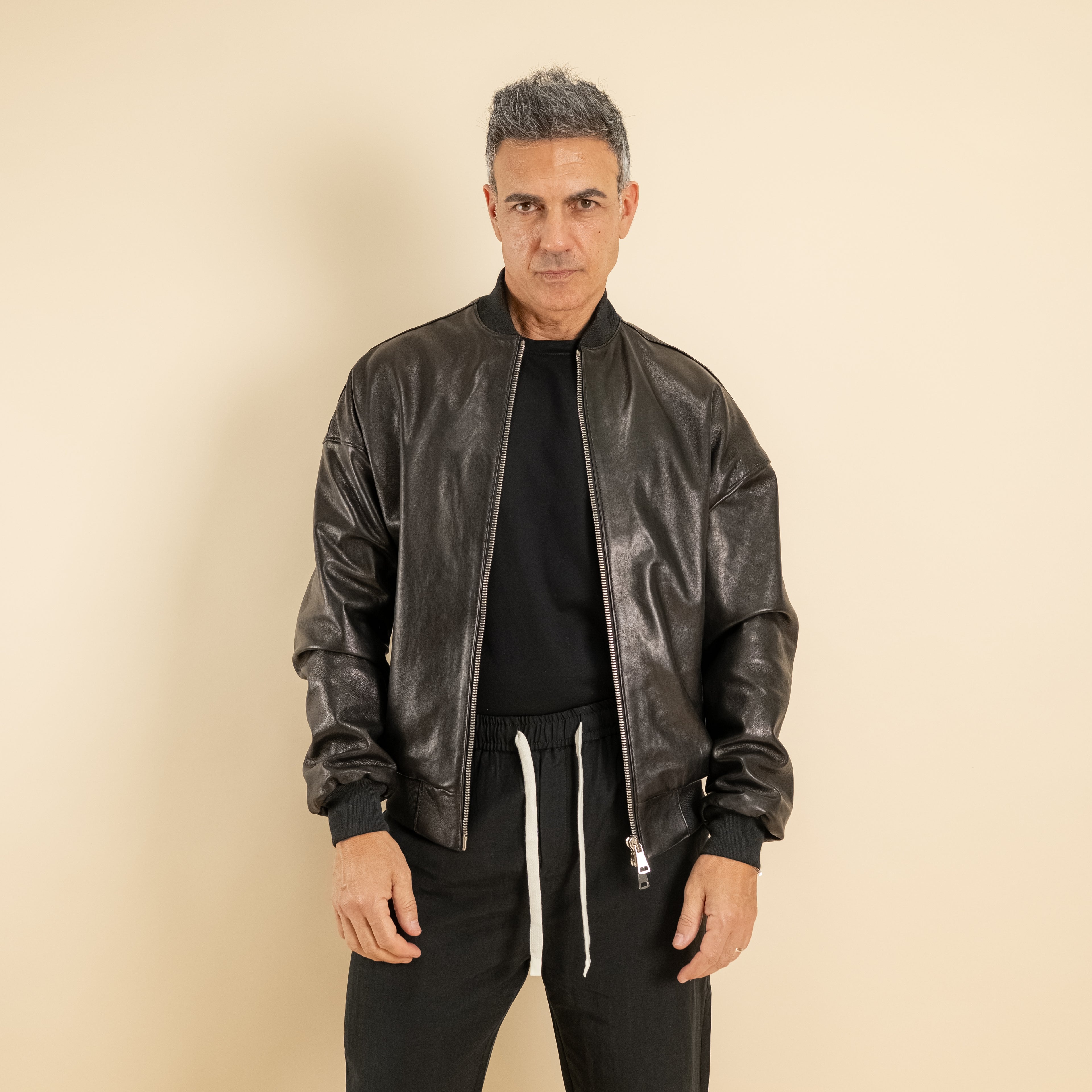Bomber oversize in Vera Pelle vegetale - Nero