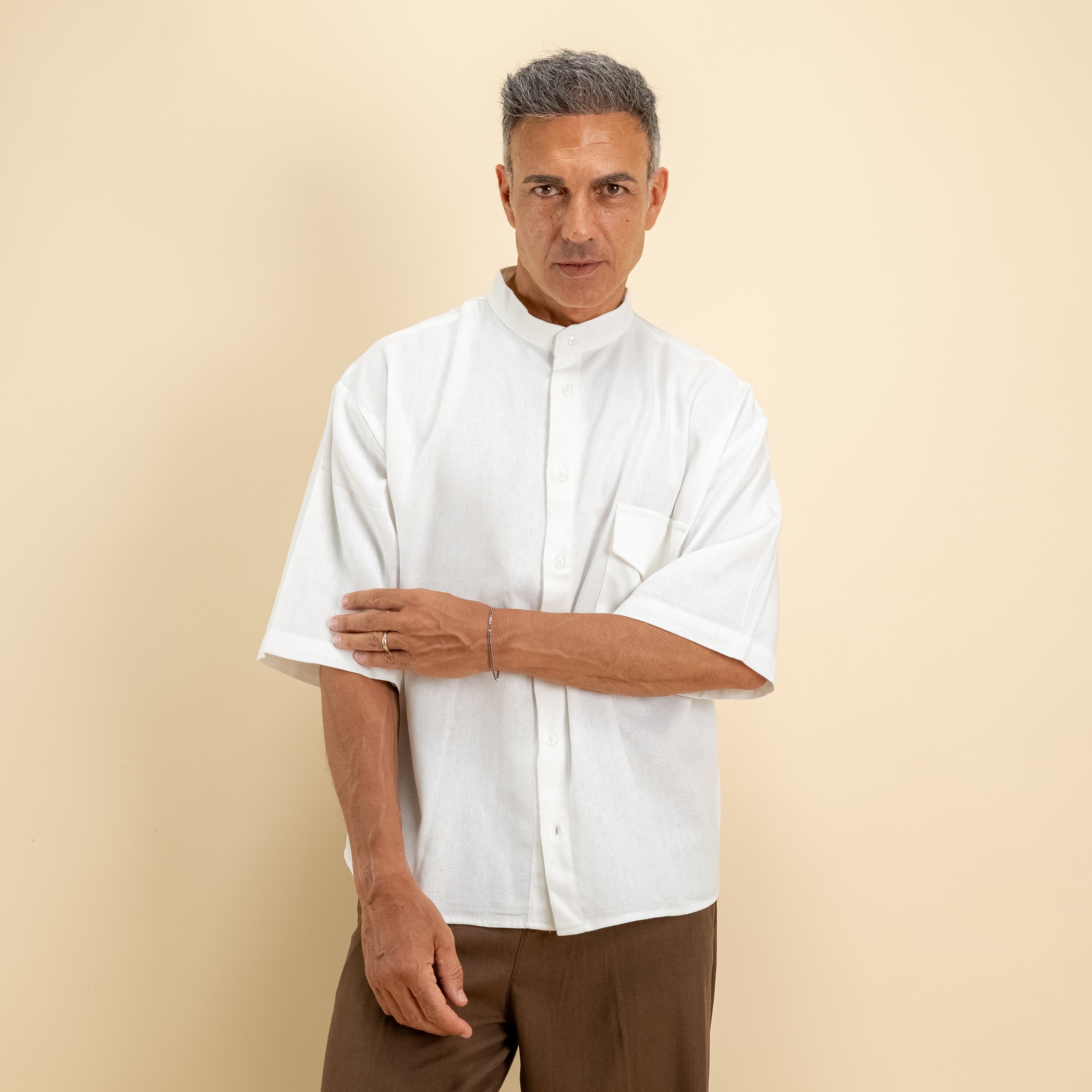 Camicia misto lino colletto coreano manica corta - Bianco