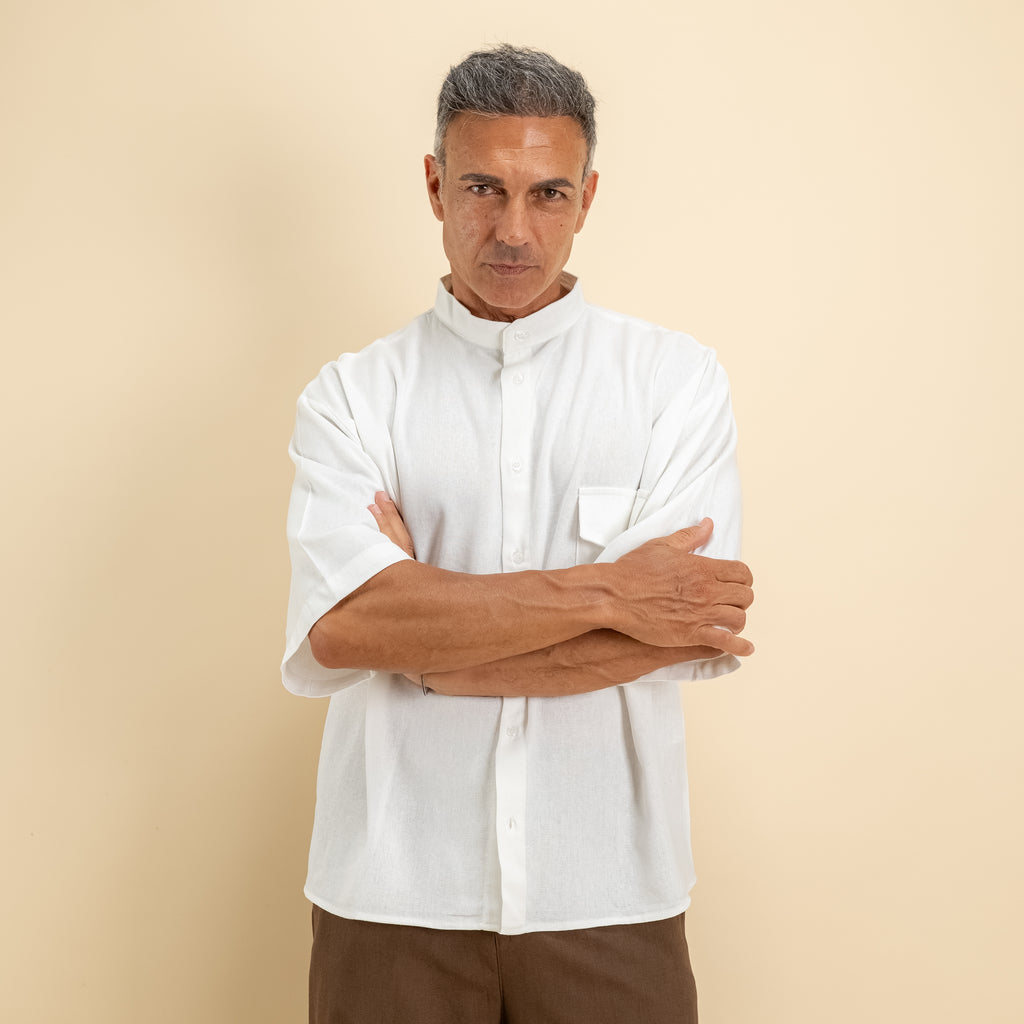 Camicia misto lino colletto coreano manica corta - Bianco