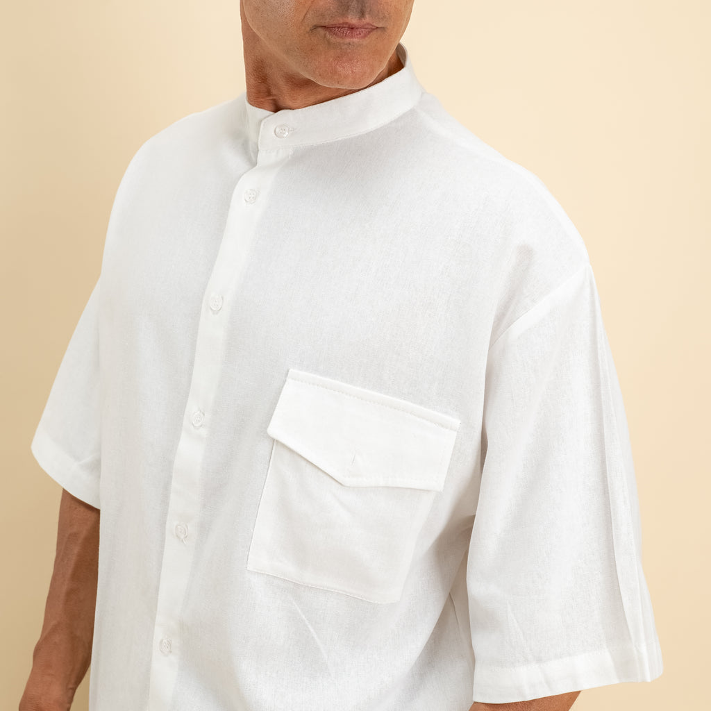 Camicia misto lino colletto coreano manica corta - Bianco