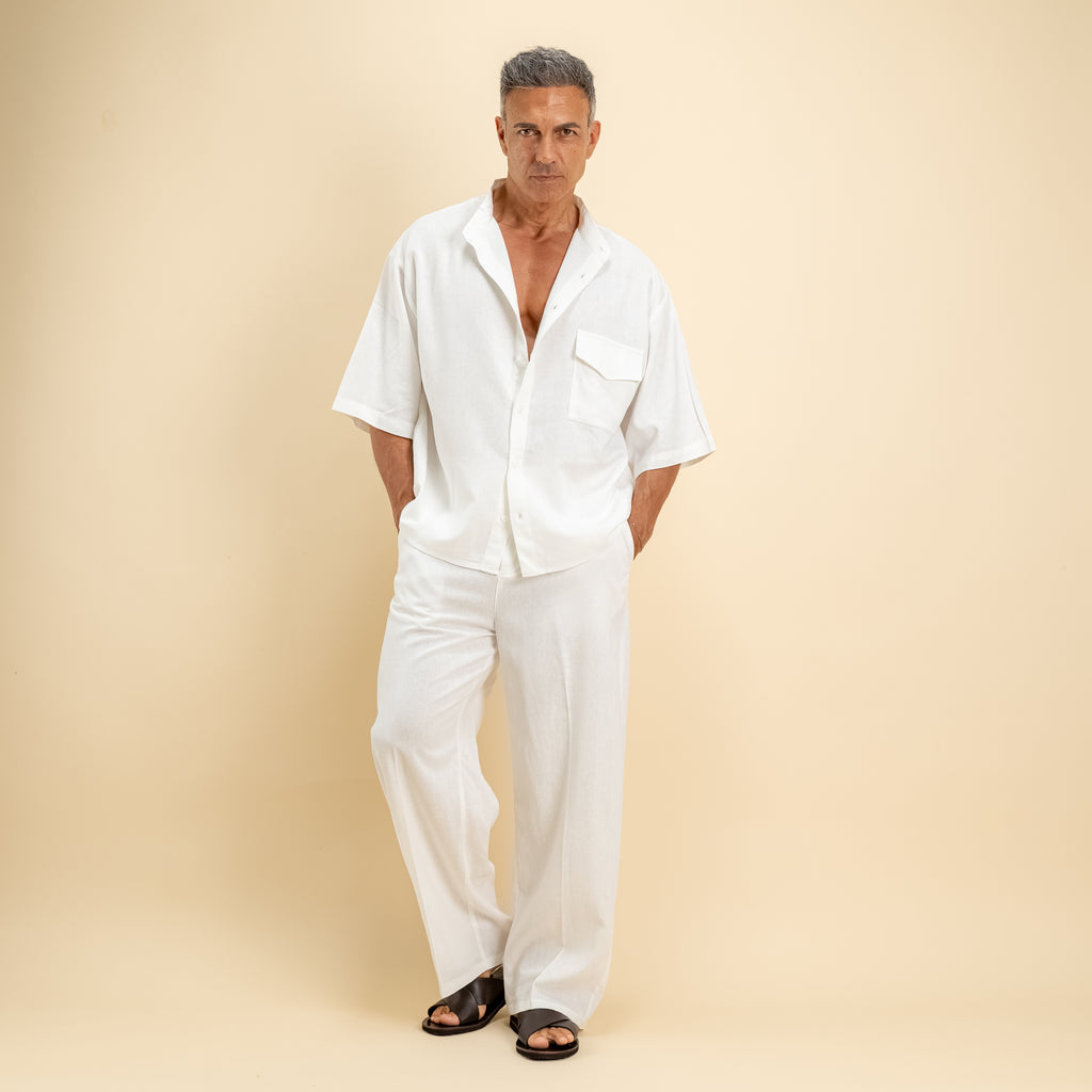 Camicia misto lino colletto coreano manica corta - Bianco