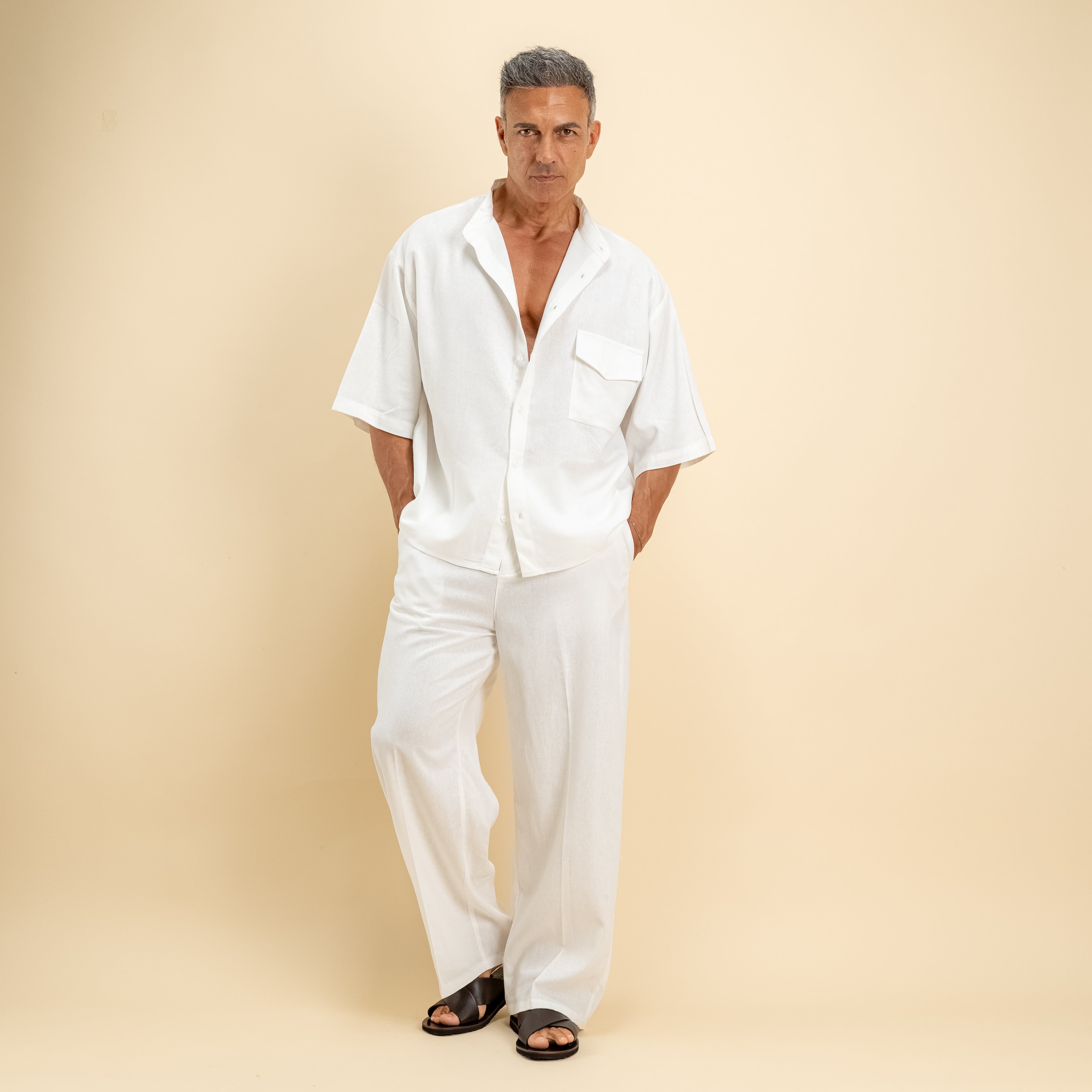 Camicia misto lino colletto coreano manica corta - Bianco