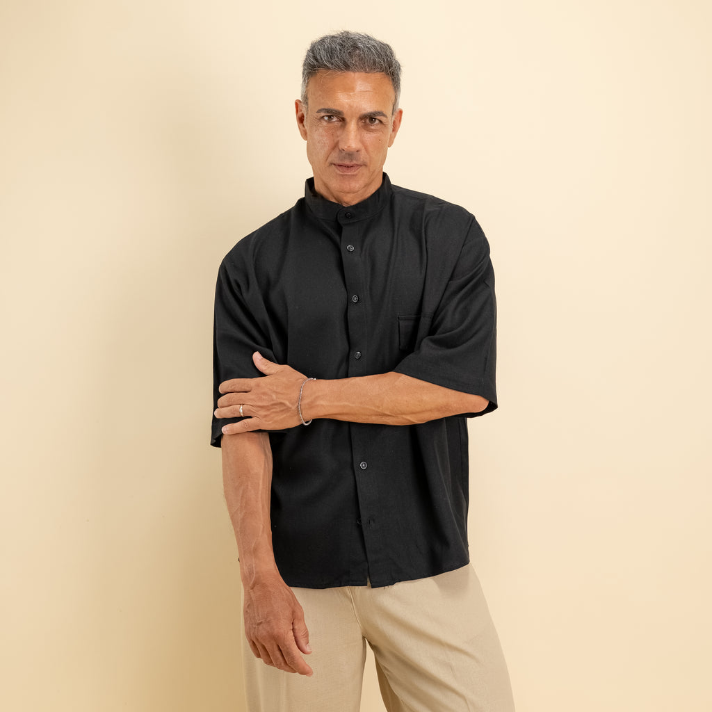 Camisa de lino mezclado cuello mao manga corta - Negro