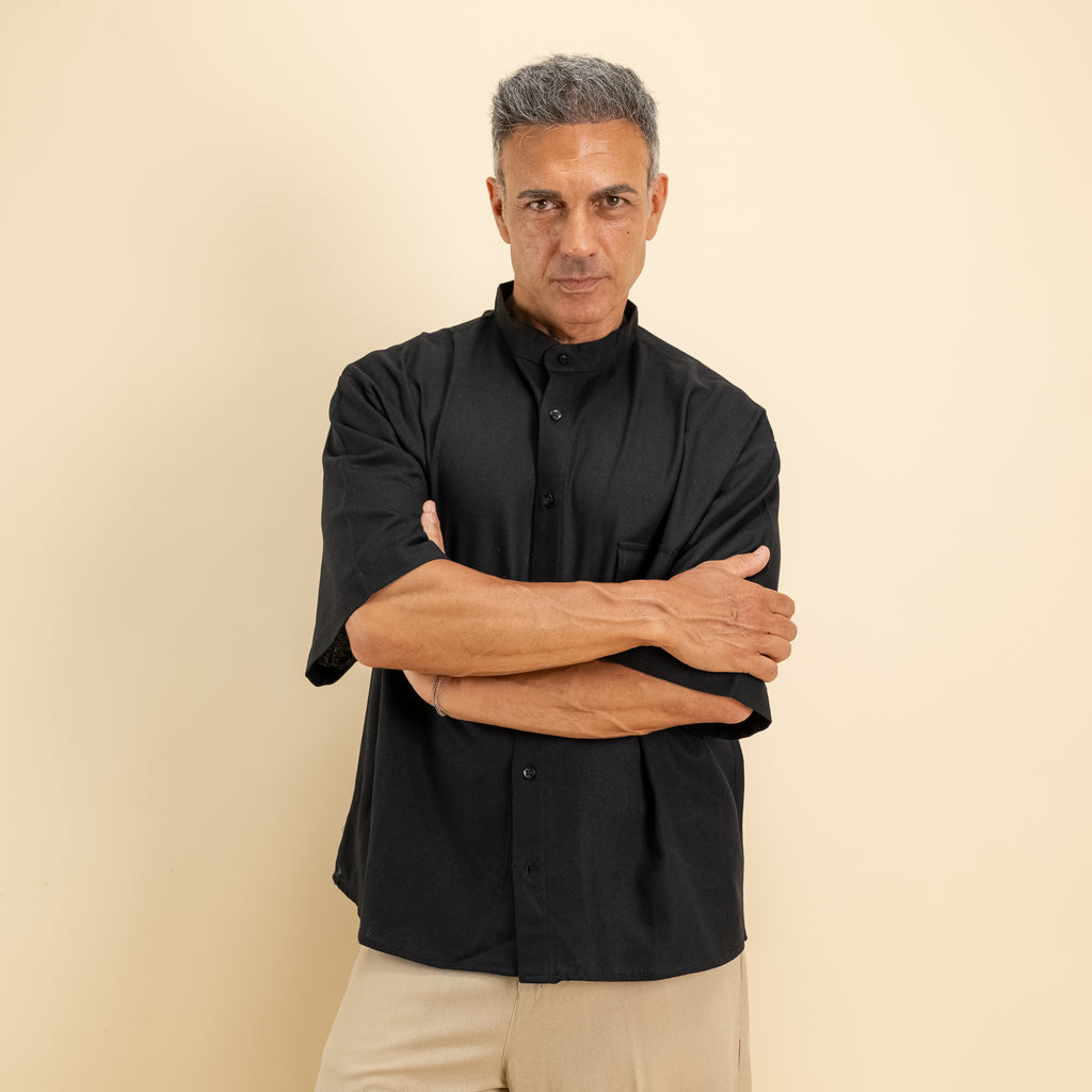 Camisa de lino mezclado cuello mao manga corta - Negro