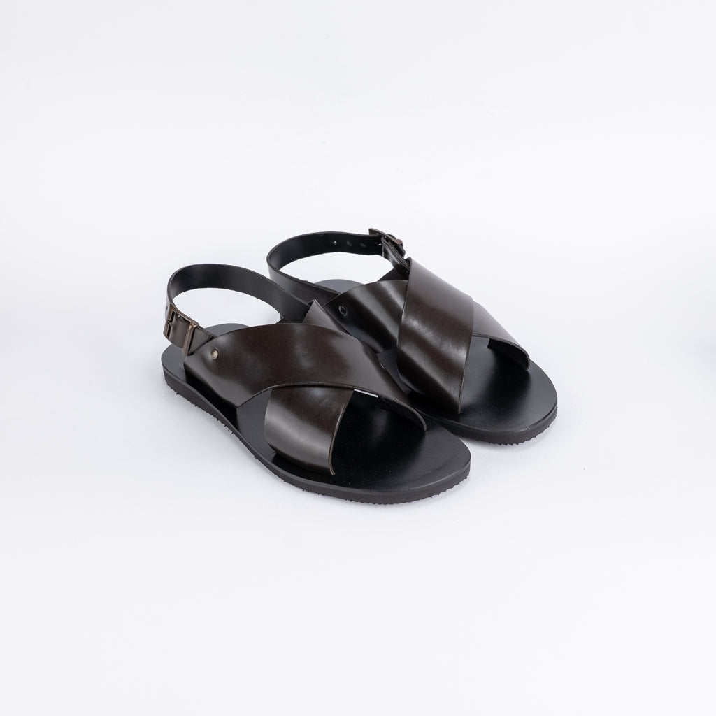Sandalo con doppia fascia e cinturino in pelle - Moro