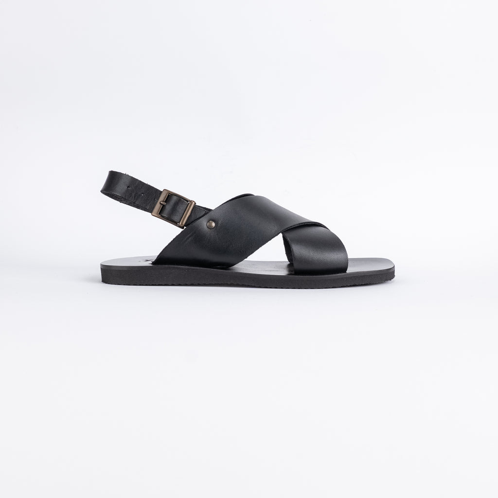 Sandalo con doppia fascia e cinturino in pelle - Nero