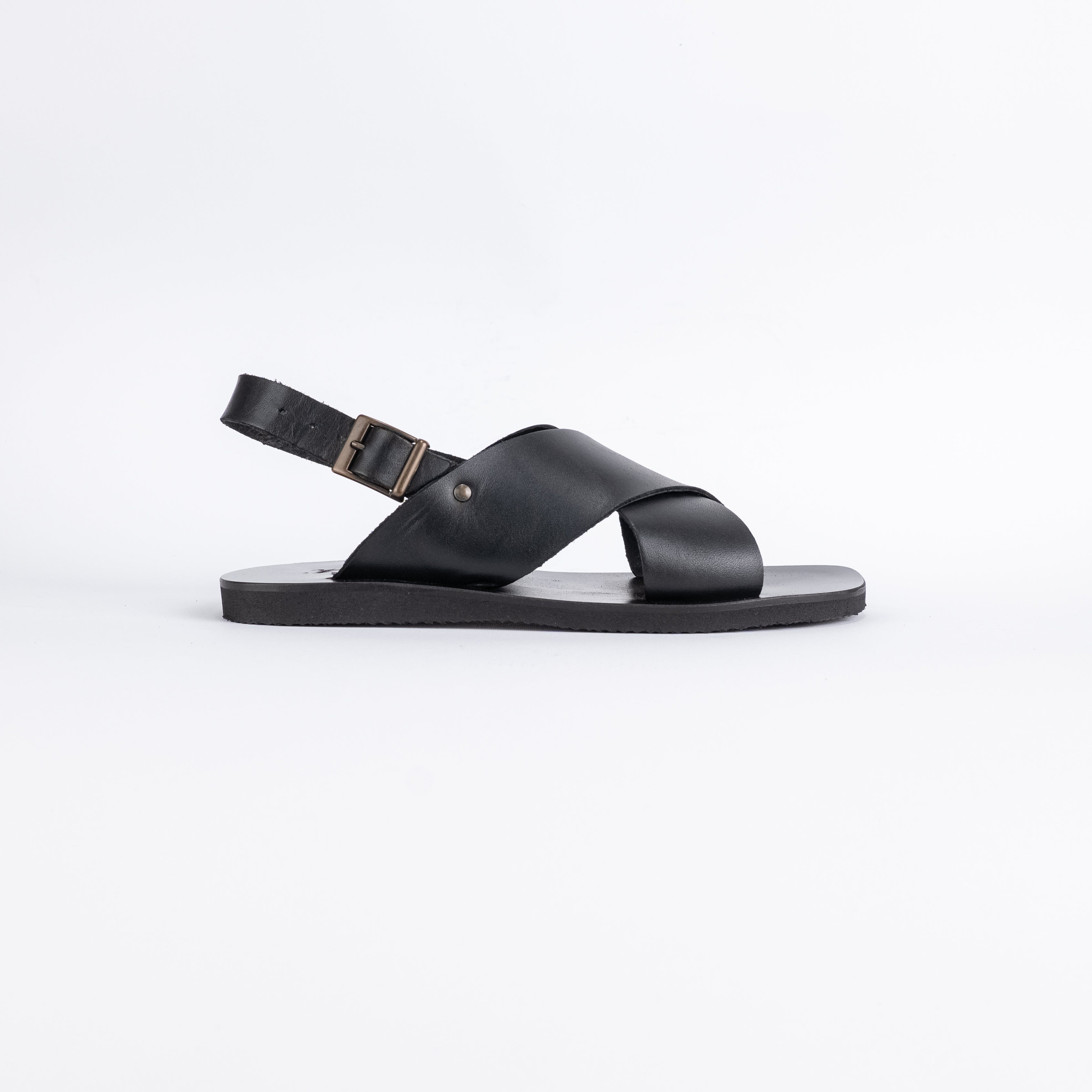 Sandalo con doppia fascia e cinturino in pelle - Nero