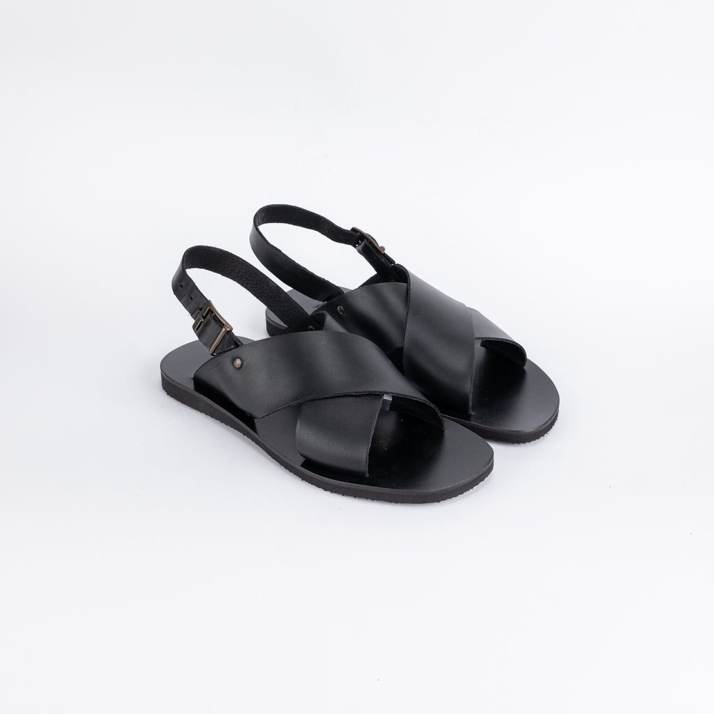 Sandalo con doppia fascia e cinturino in pelle - Nero