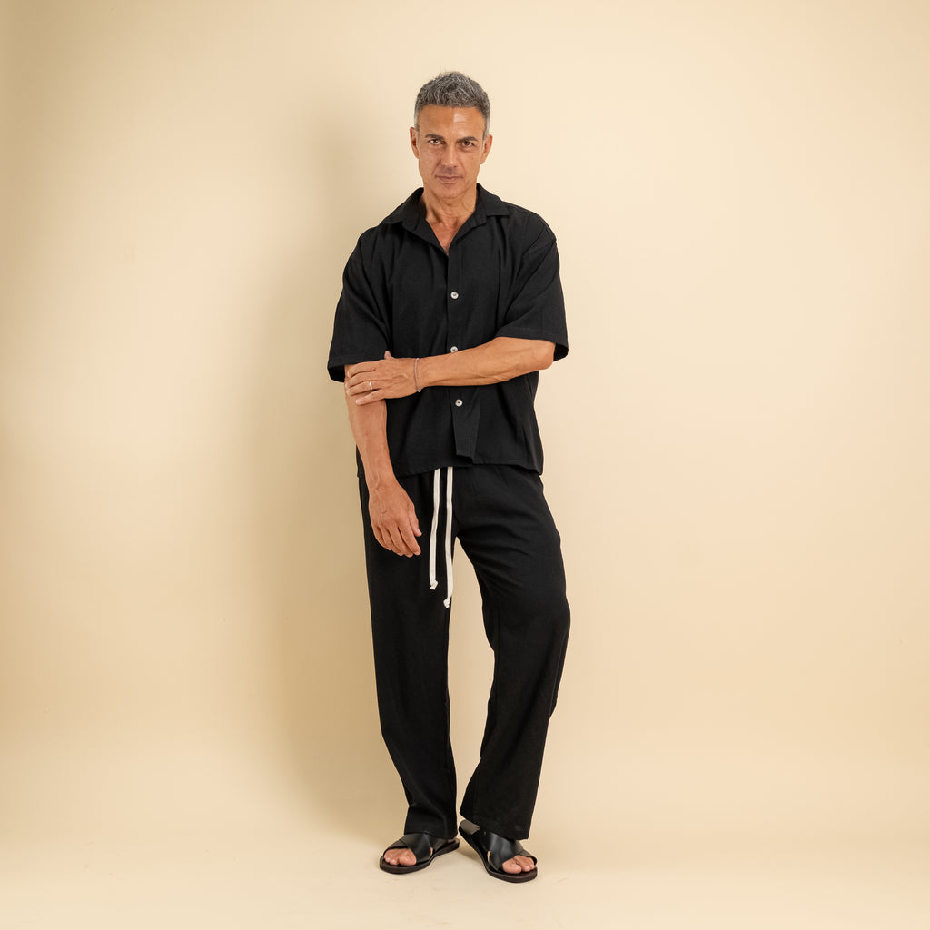 Coordinato camicione e pantalaccio in misto cotone - Nero