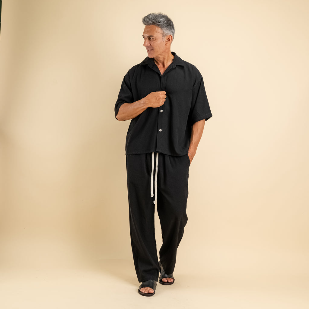 Coordinato camicione e pantalaccio in misto cotone - Nero