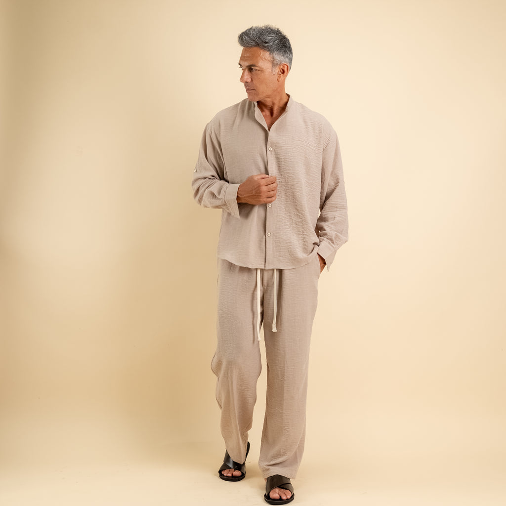 Coordinato effetto lino camicia coreana - Beige