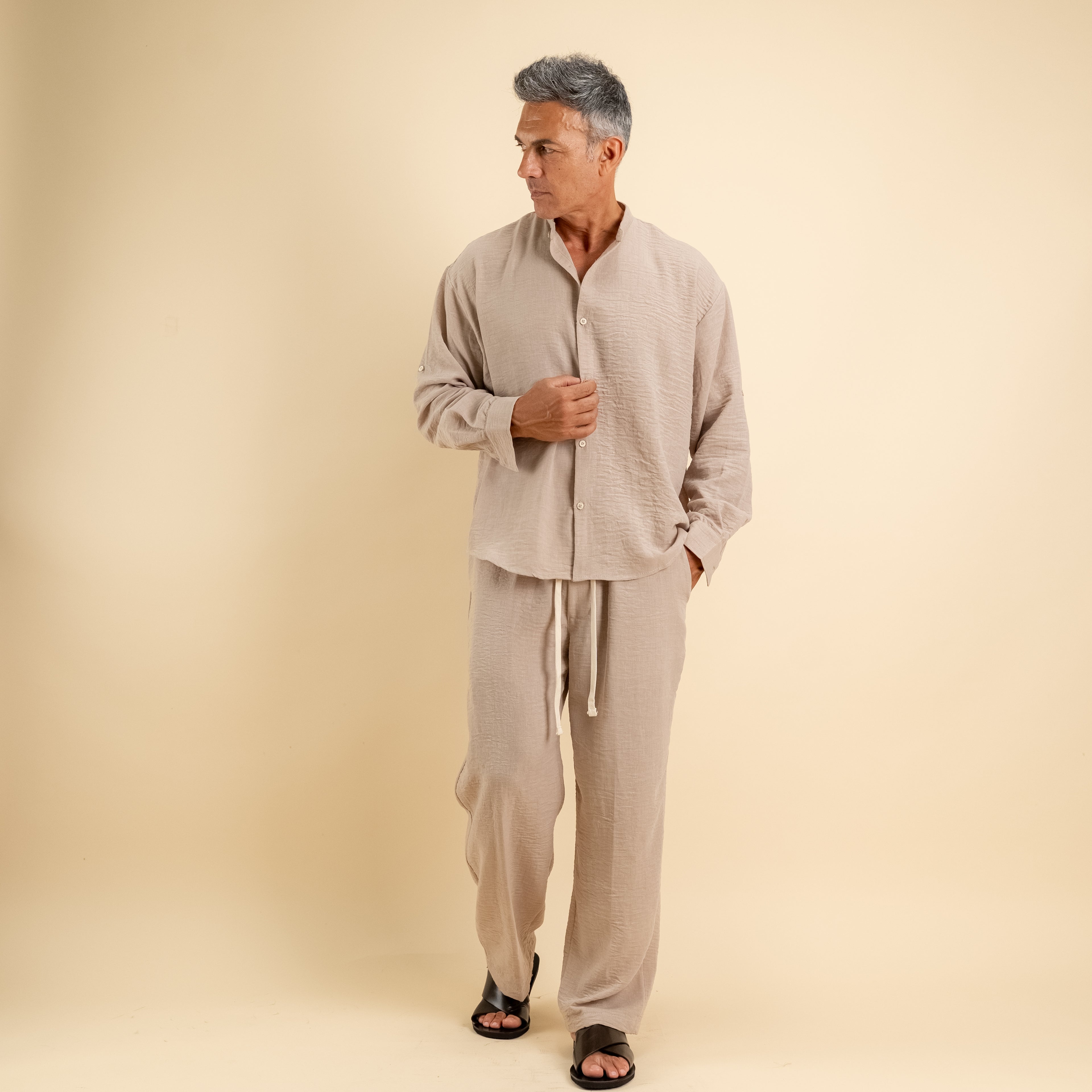 Coordinato effetto lino camicia coreana - Beige