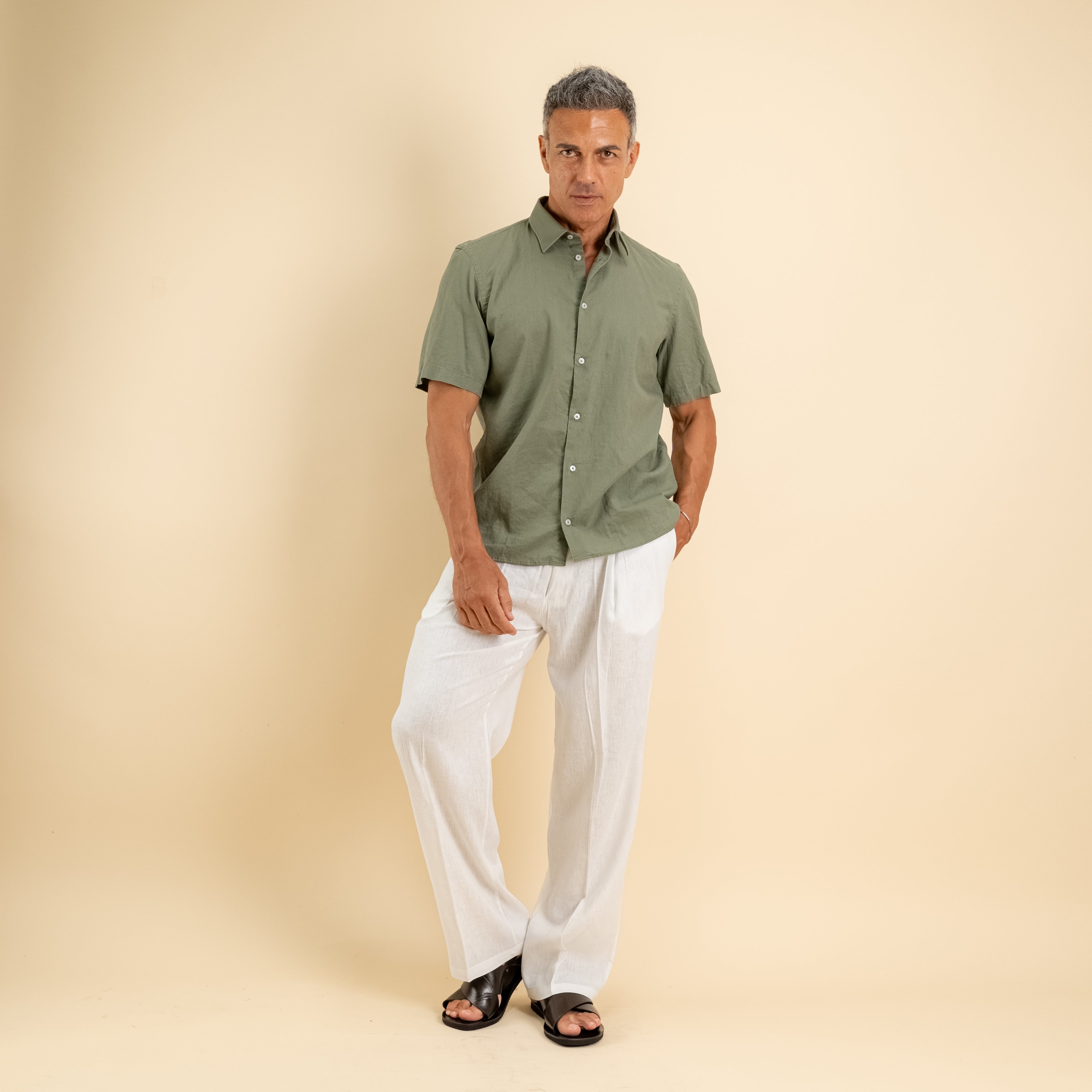 Camicia manica corta 100% Lino - Militare