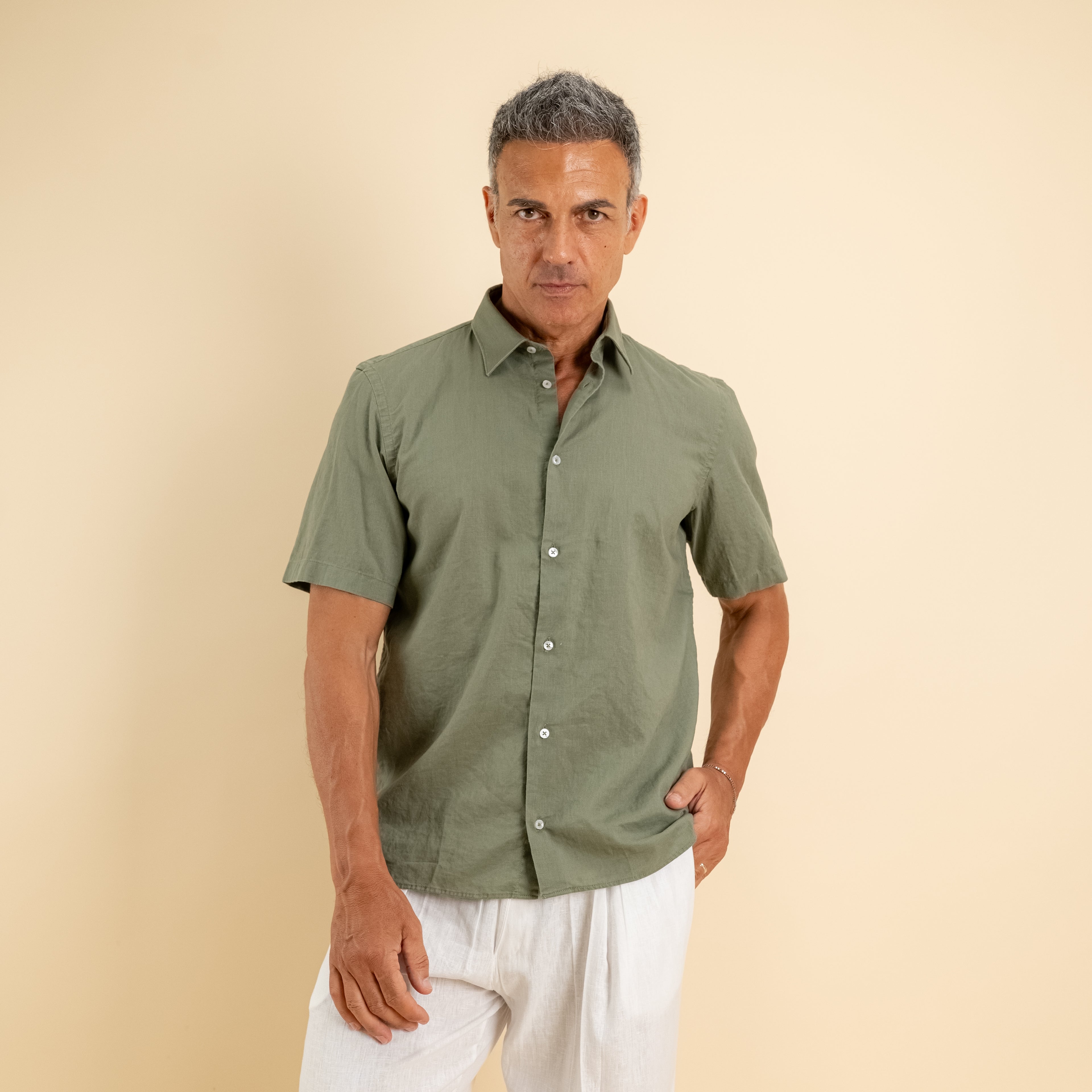 Camicia manica corta 100% Lino - Militare