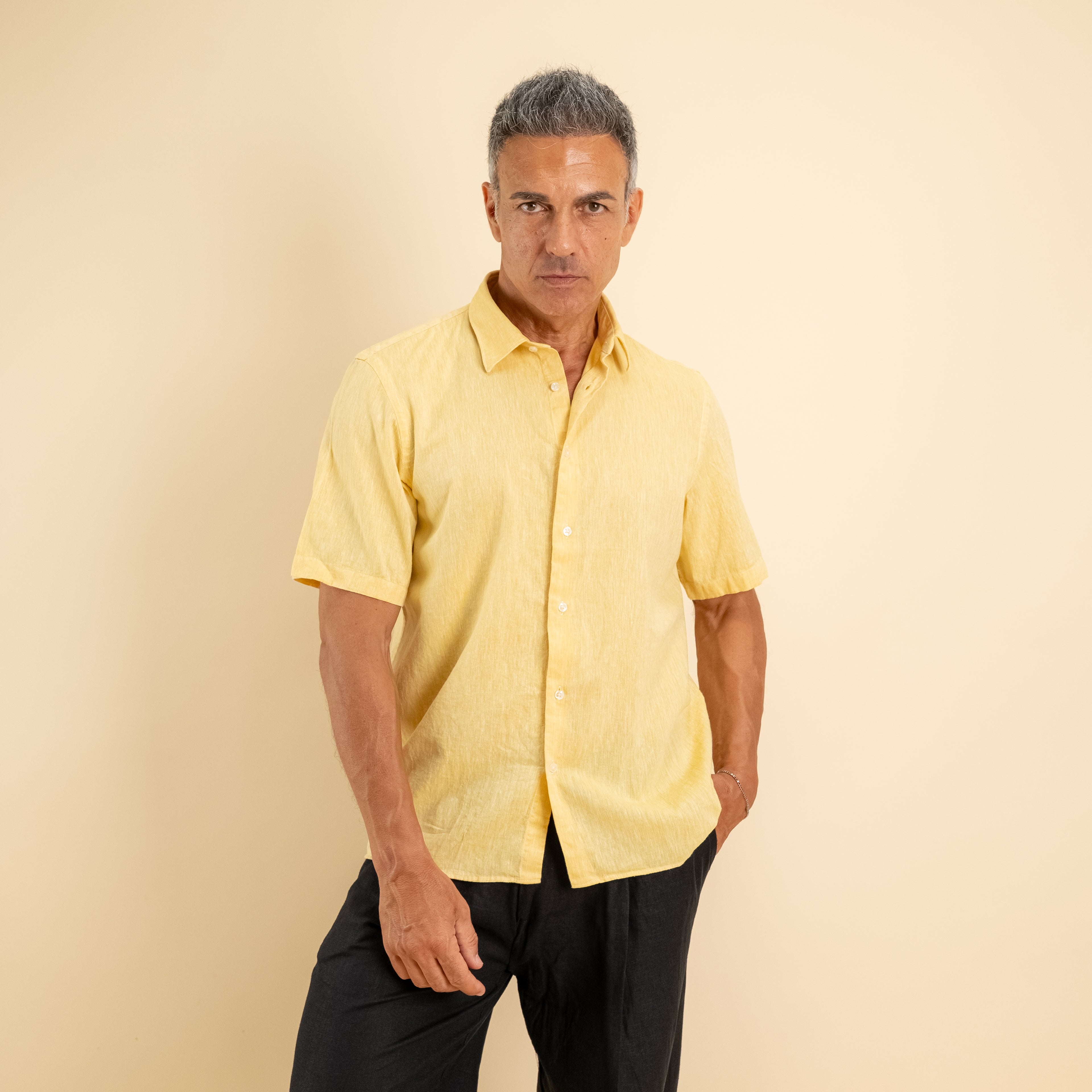 Camicia manica corta 100% Lino - Giallo