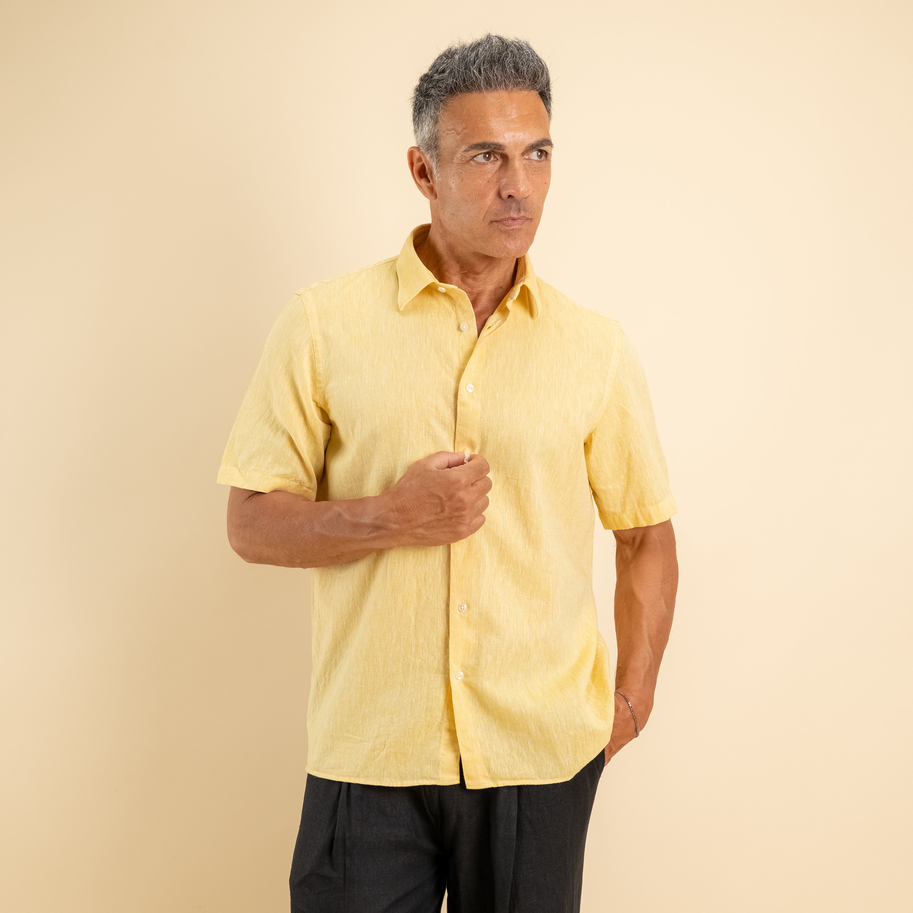 Camicia manica corta 100% Lino - Giallo