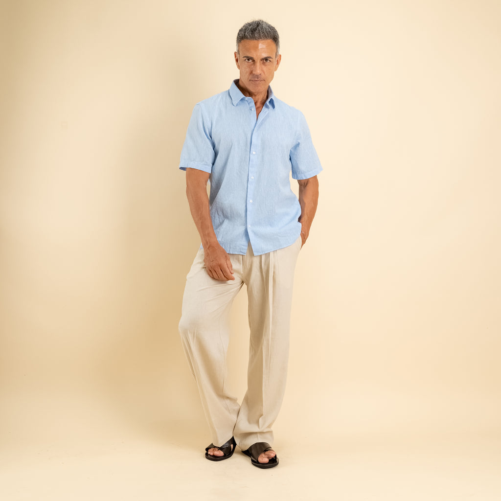 Camicia manica corta 100% Lino - Cielo