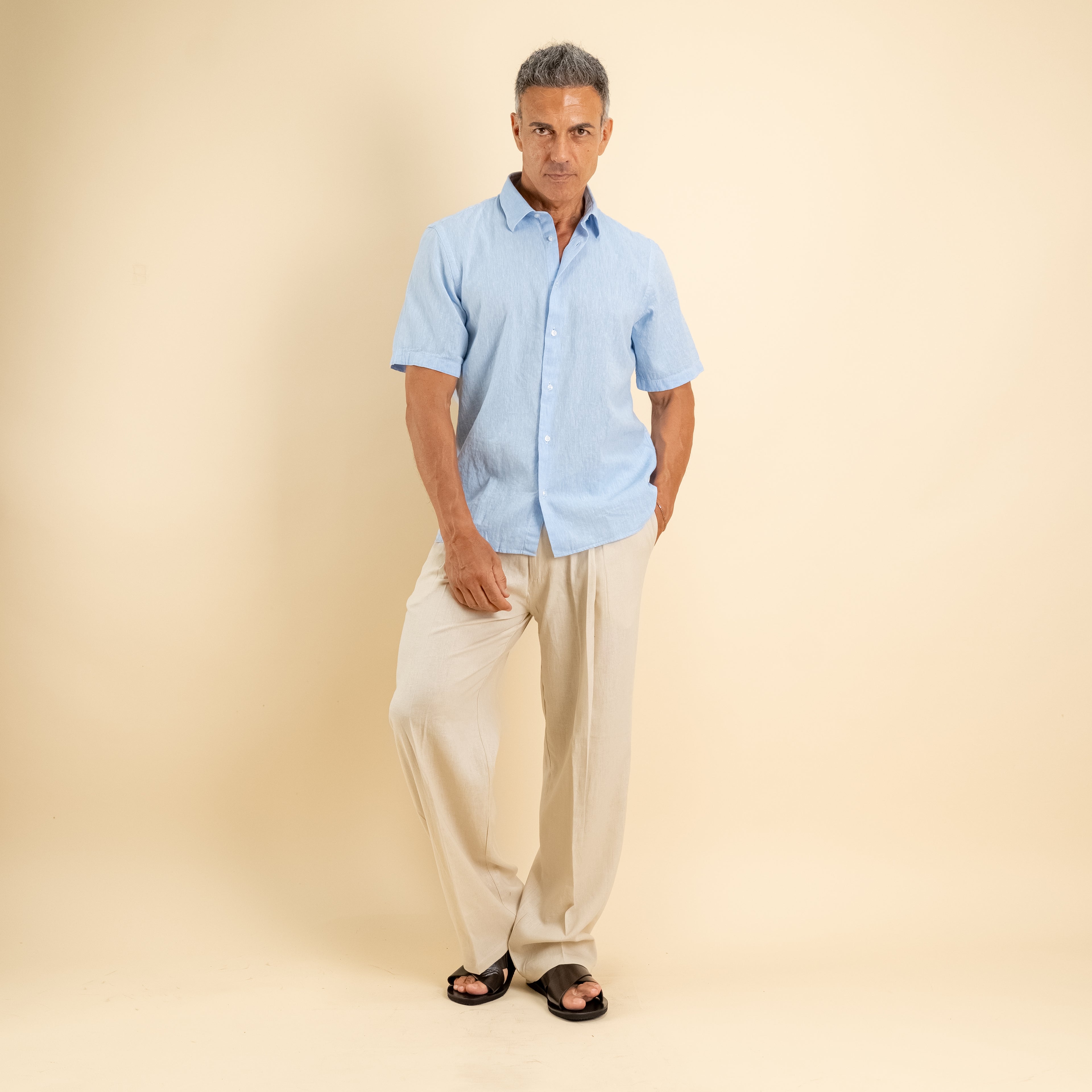 Camicia manica corta 100% Lino - Cielo