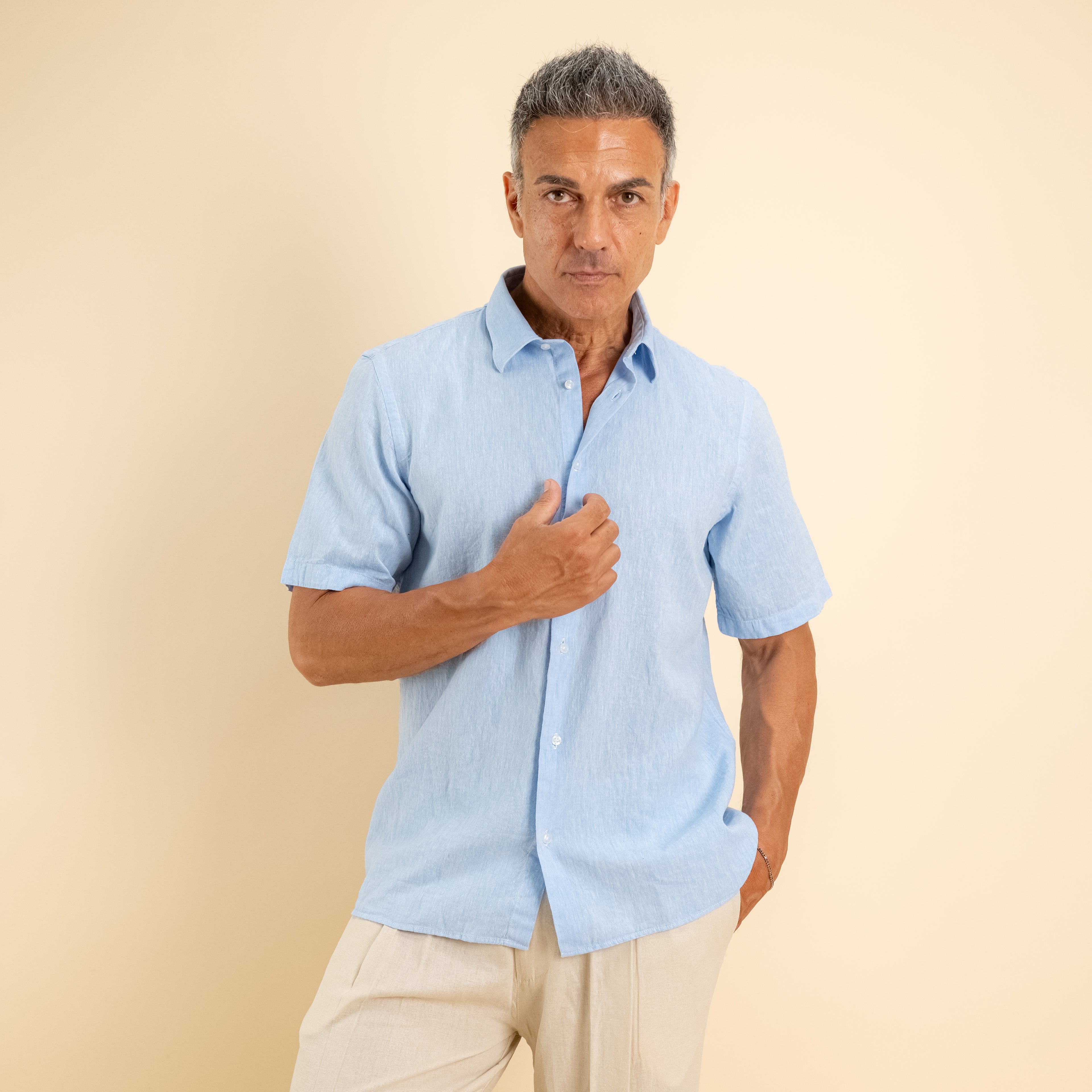 Camicia manica corta 100% Lino - Cielo