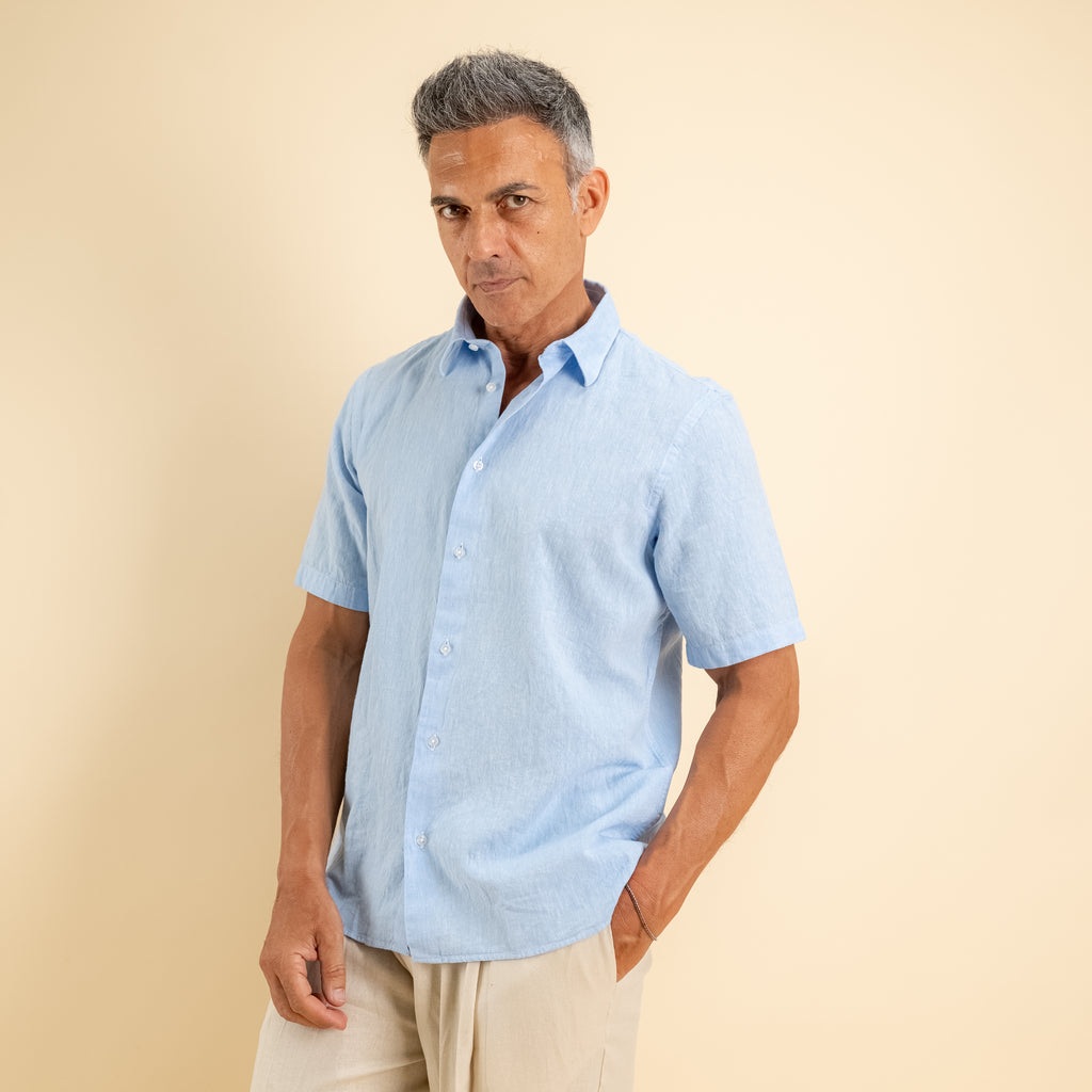 Camicia manica corta 100% Lino - Cielo