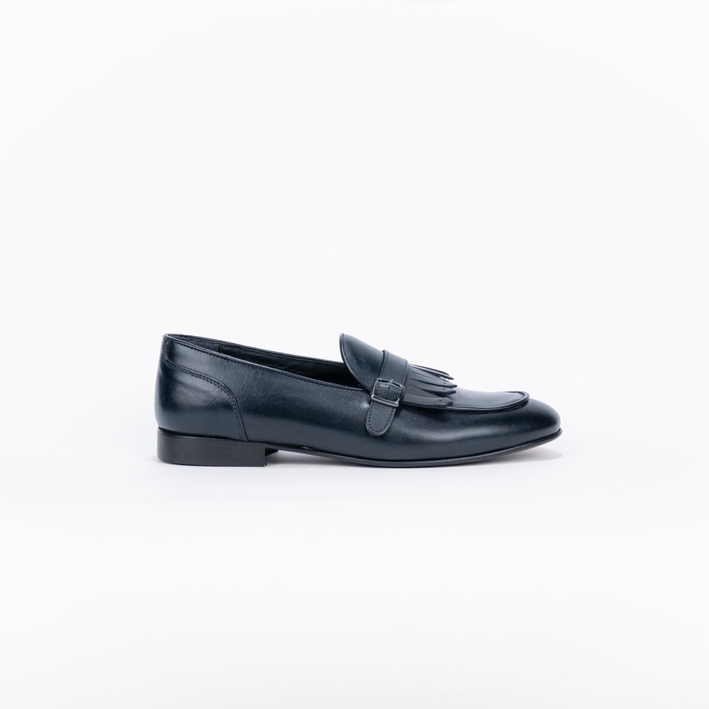 Mocassino in Pelle con Frangia e Fibbia - Blu