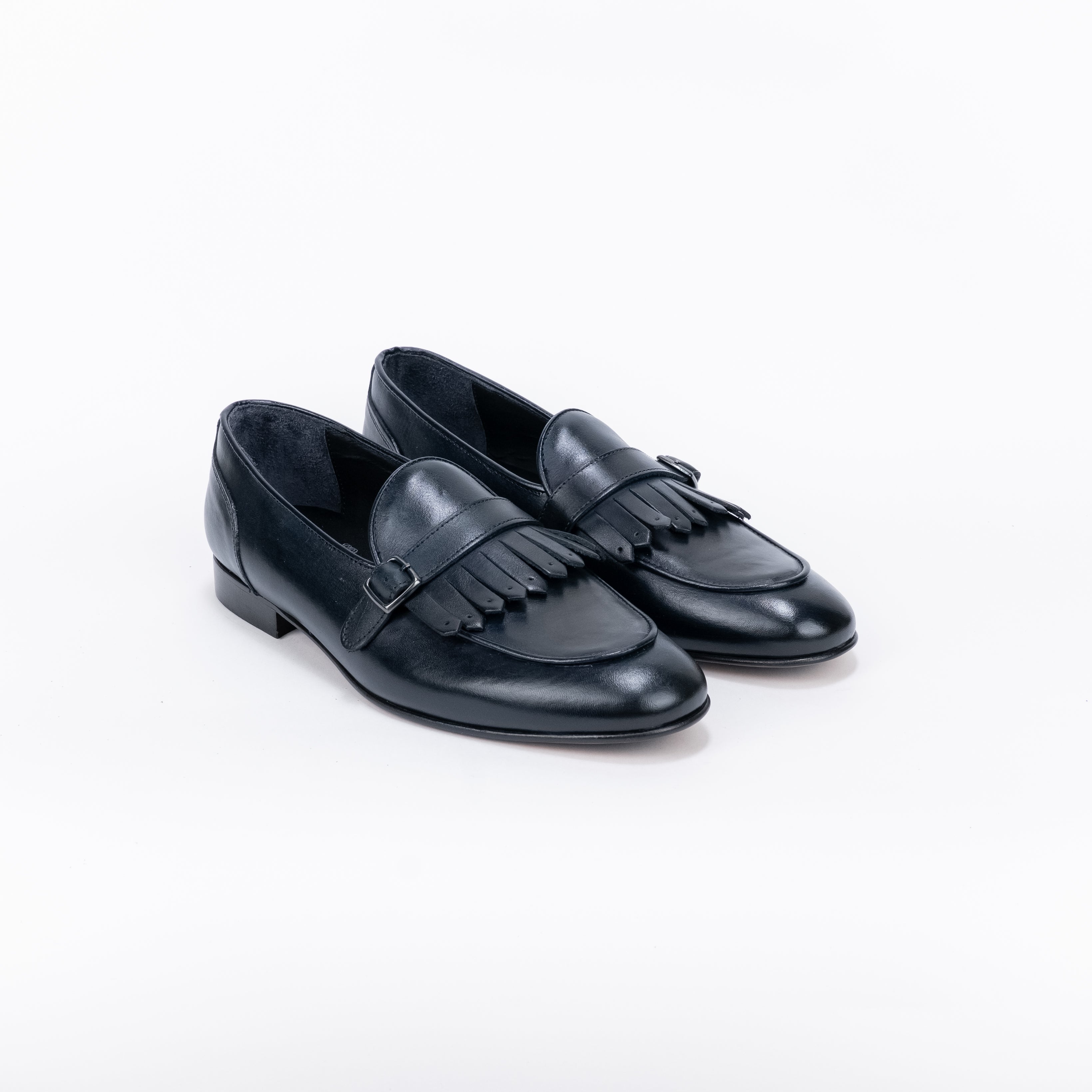 Mocassino in Pelle con Frangia e Fibbia - Blu