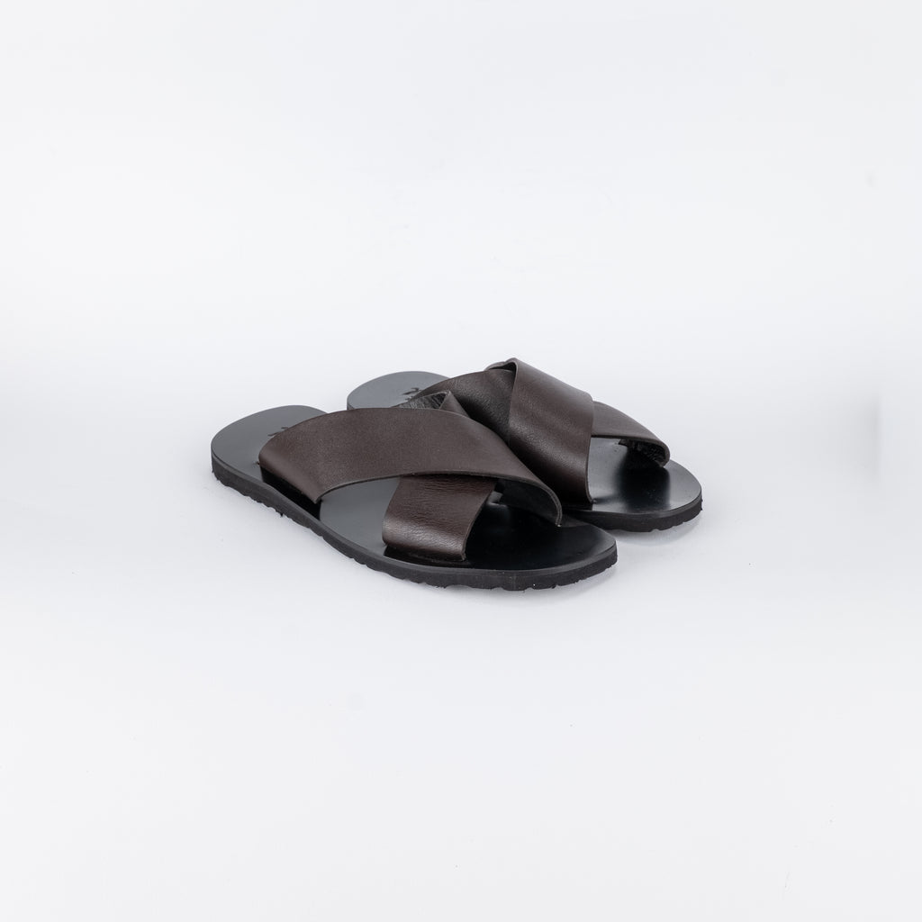 Braided Double Strap Leather Sandal - Dark Brown