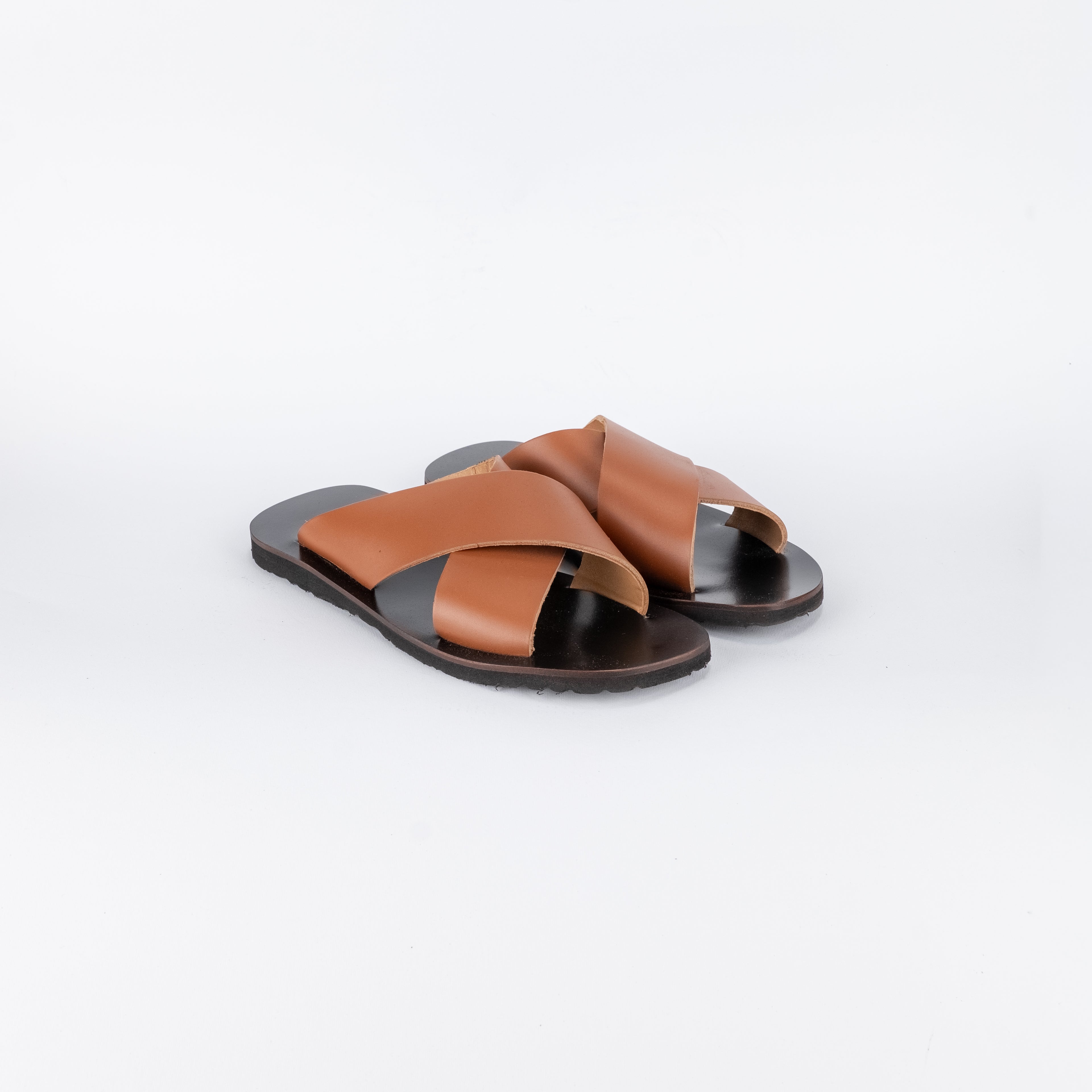 Sandalo con doppia fascia intrecciata pelle - Tabacco