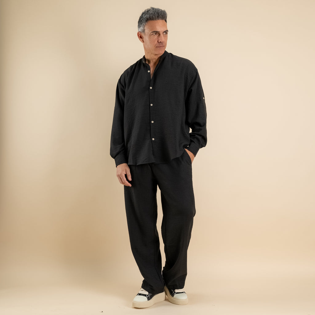 Coordinato effetto lino camicia coreana - Nero