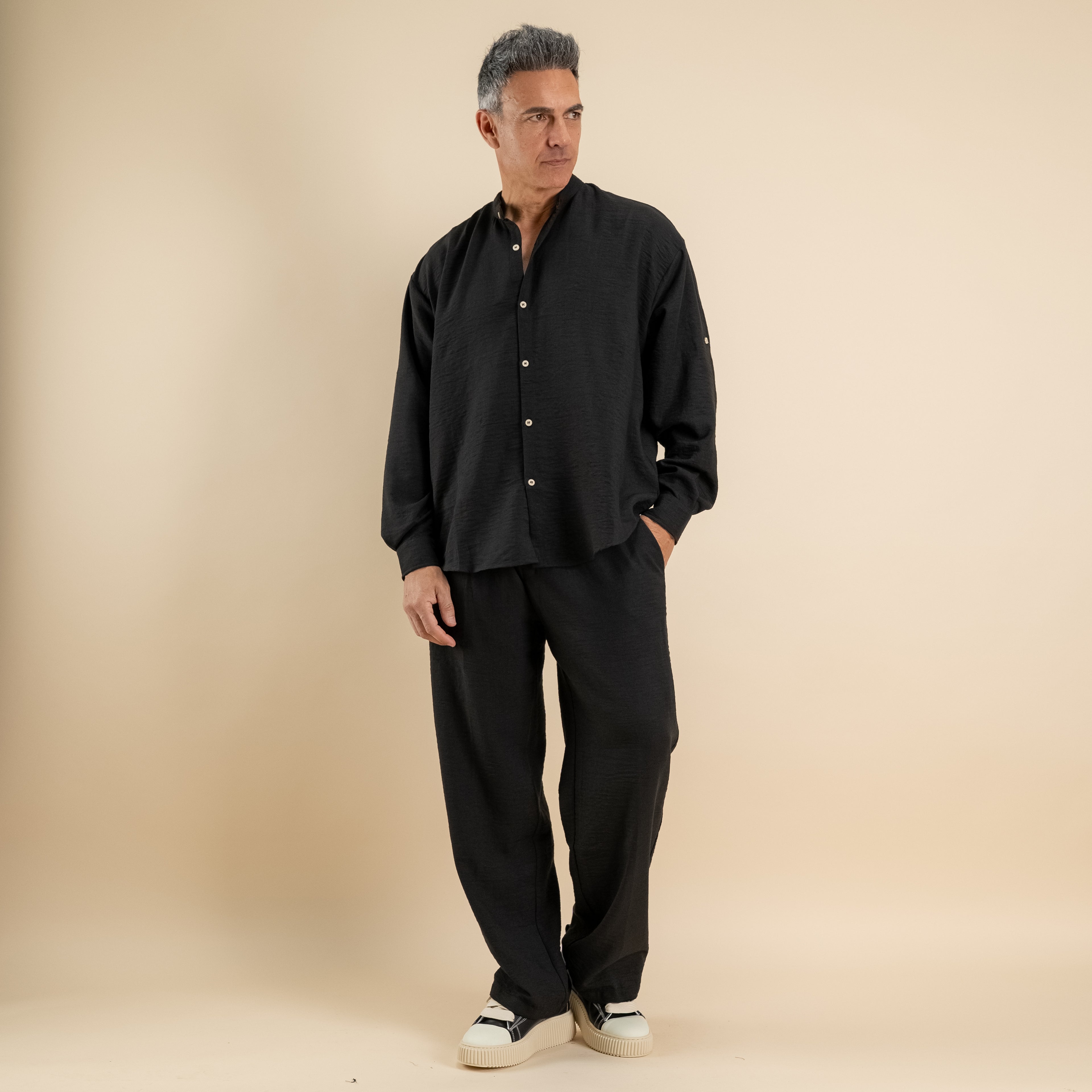 Coordinato effetto lino camicia coreana - Nero