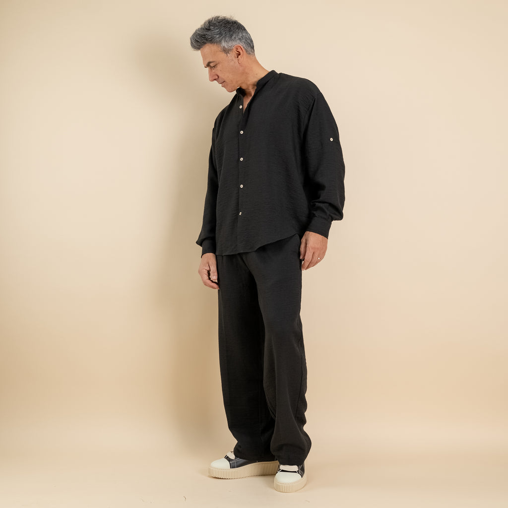 Coordinato effetto lino camicia coreana - Nero