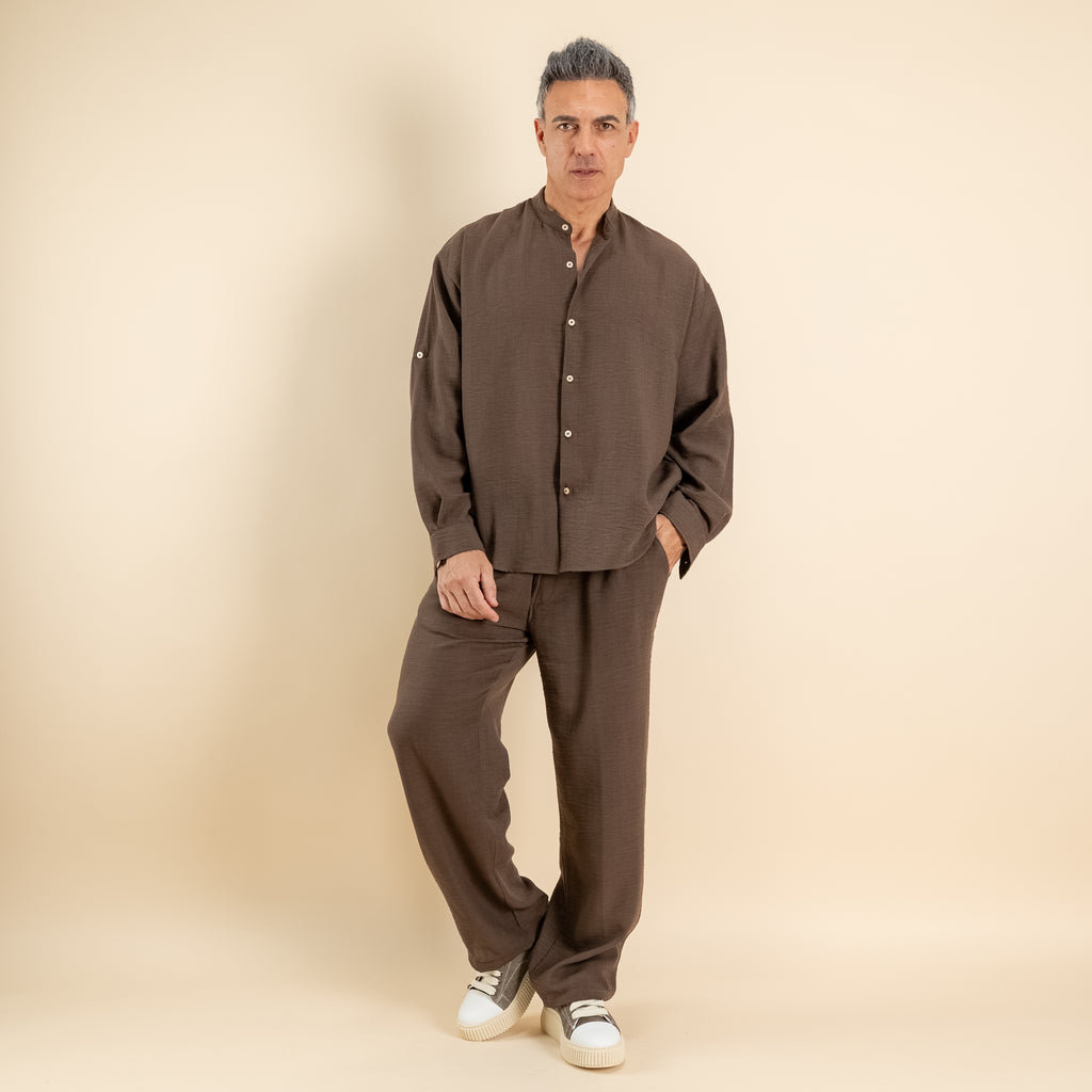 Coordinato effetto lino camicia coreana - Tabacco