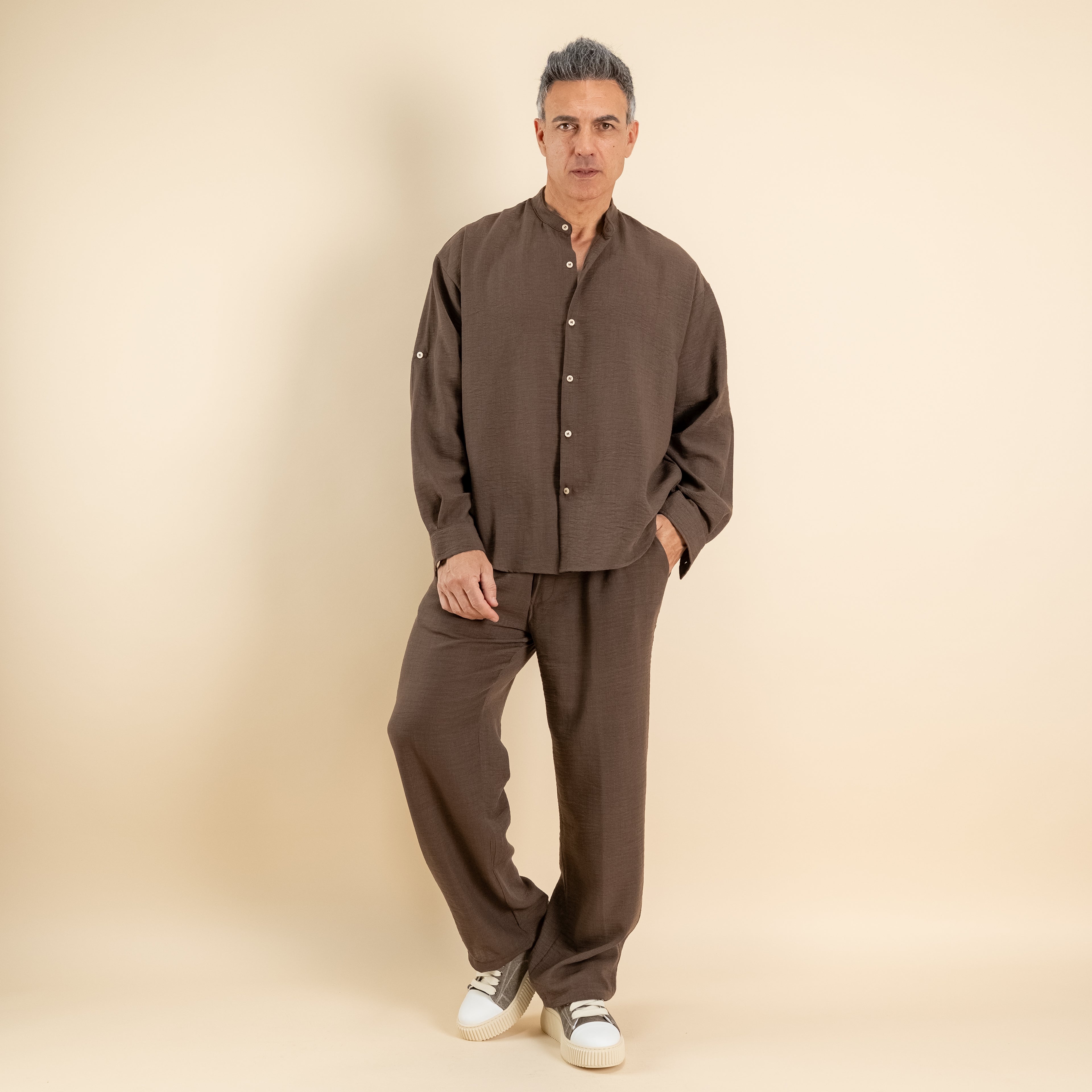 Coordinato effetto lino camicia coreana - Tabacco