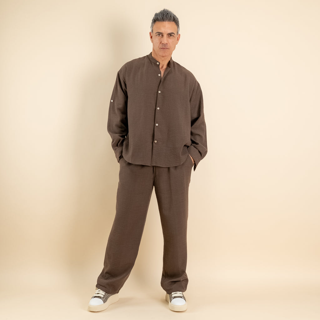 Coordinato effetto lino camicia coreana - Tabacco